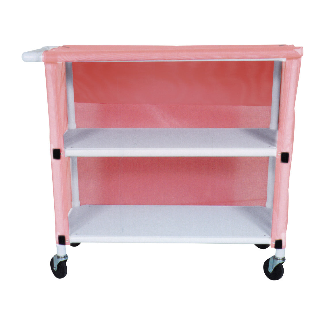 MRI 2-Shelf PVC Linen Cart with Cover in pink, featuring two white shelves and four caster wheels for mobility.