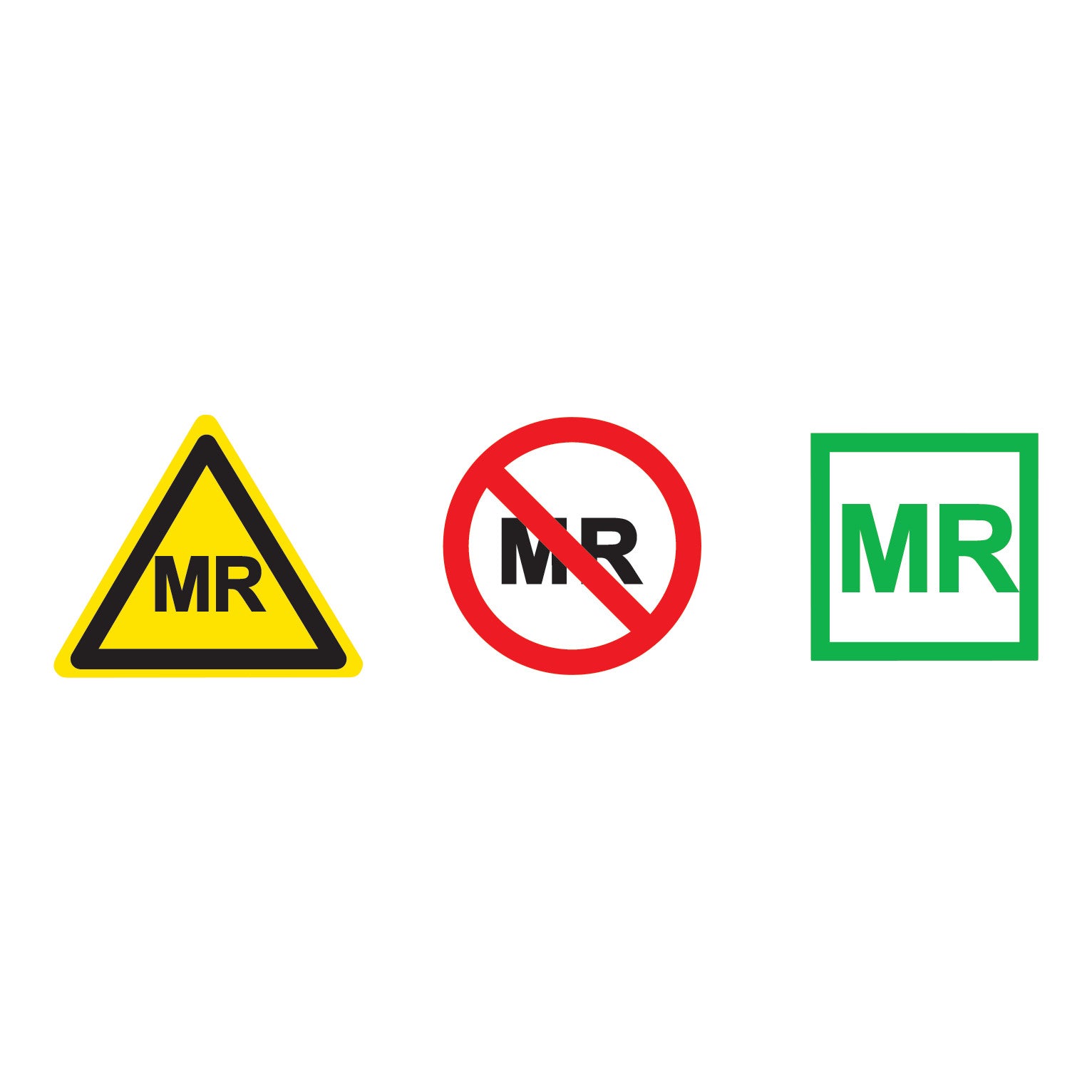 Three ASTM Label symbols: a yellow triangle with "MR," a red circle with a slash over "MR," and a green square with "MR."