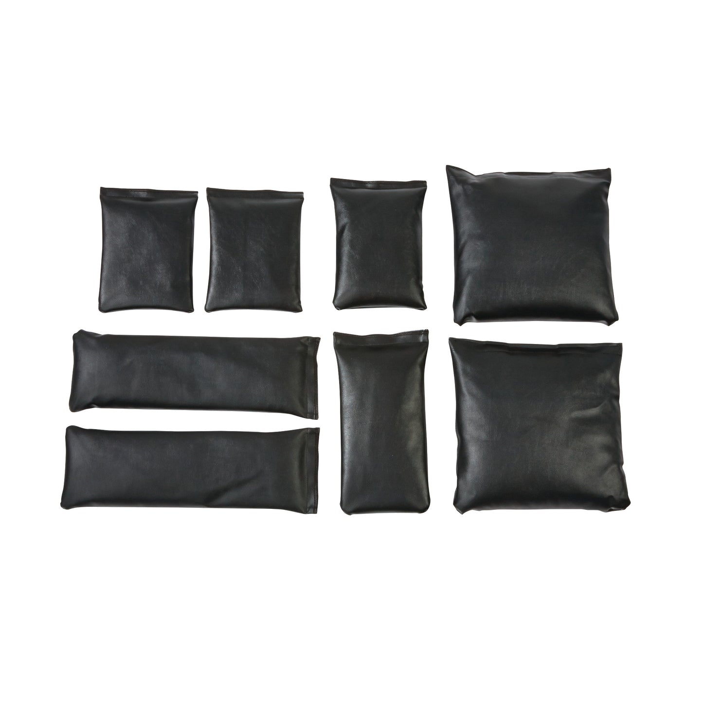 AliMed General Sandbag Set A features eight black sandbags in various sizes, designed for medical and therapeutic use.