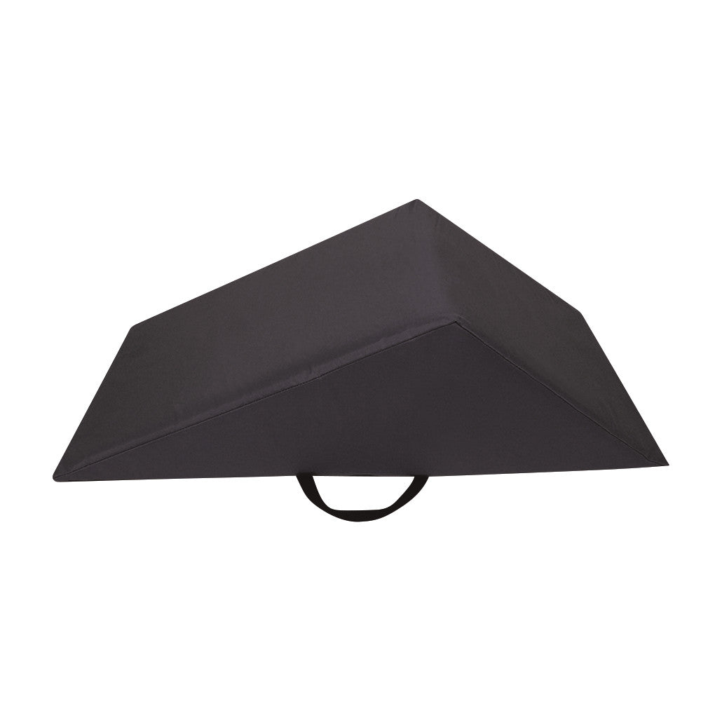 Black, triangular MRI Knee Wedge Positioner with a handle, designed to support knees during MRI scans.