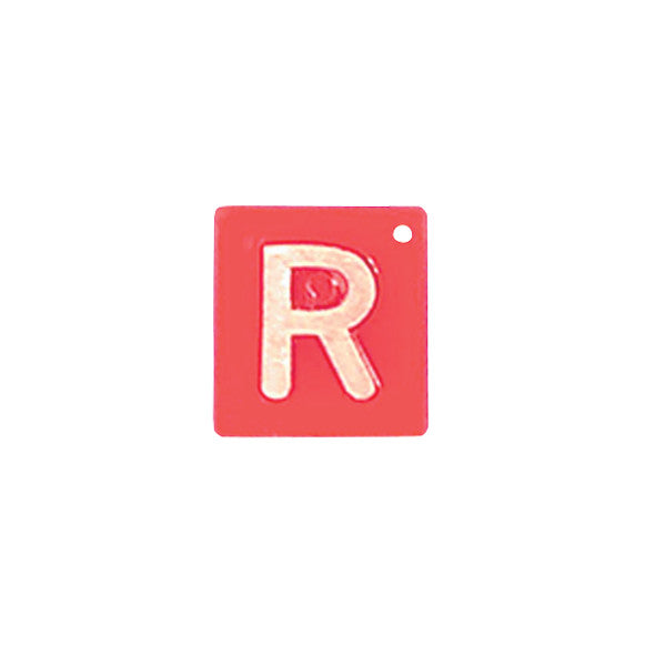 Red square with a white "R" for "right." Polycarbonate Left or Right X-Ray Marker with a small hole in the corner.