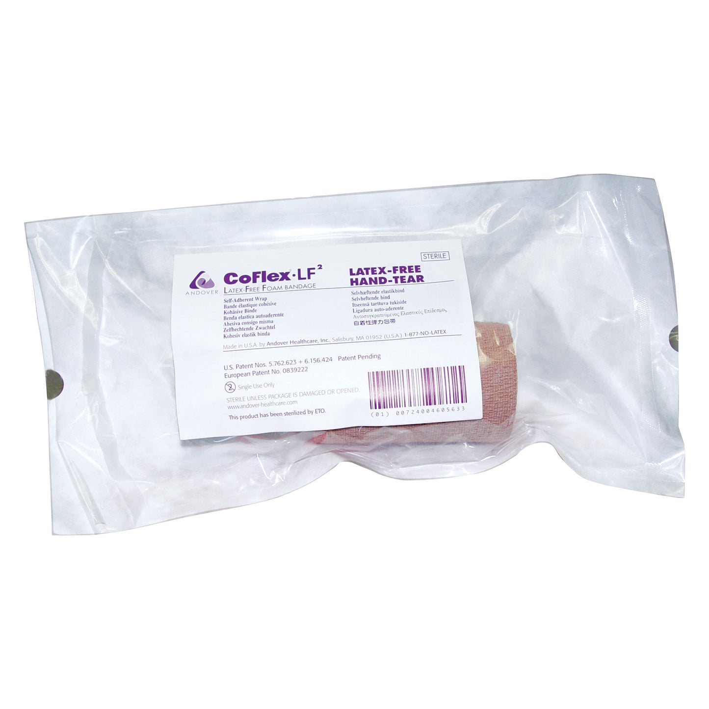 Sterile CoFlex LF2 Flexible Cohesive Bandage in a clear package, labeled as latex-free and hand-tear, from Andover Healthcare.