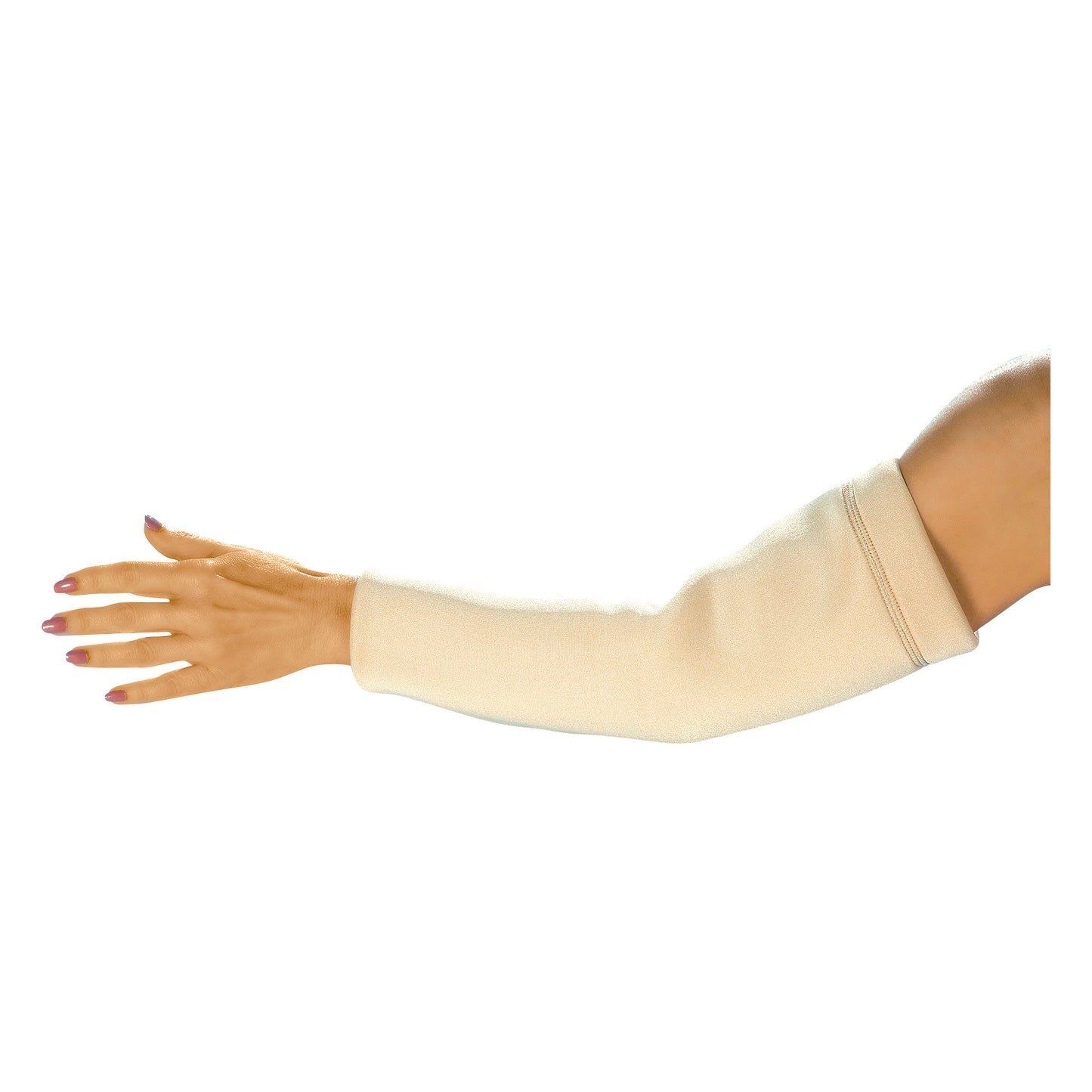 An extended arm wears a beige DermaSaver Arm Tube for skin protection, covering from the wrist to the upper arm.