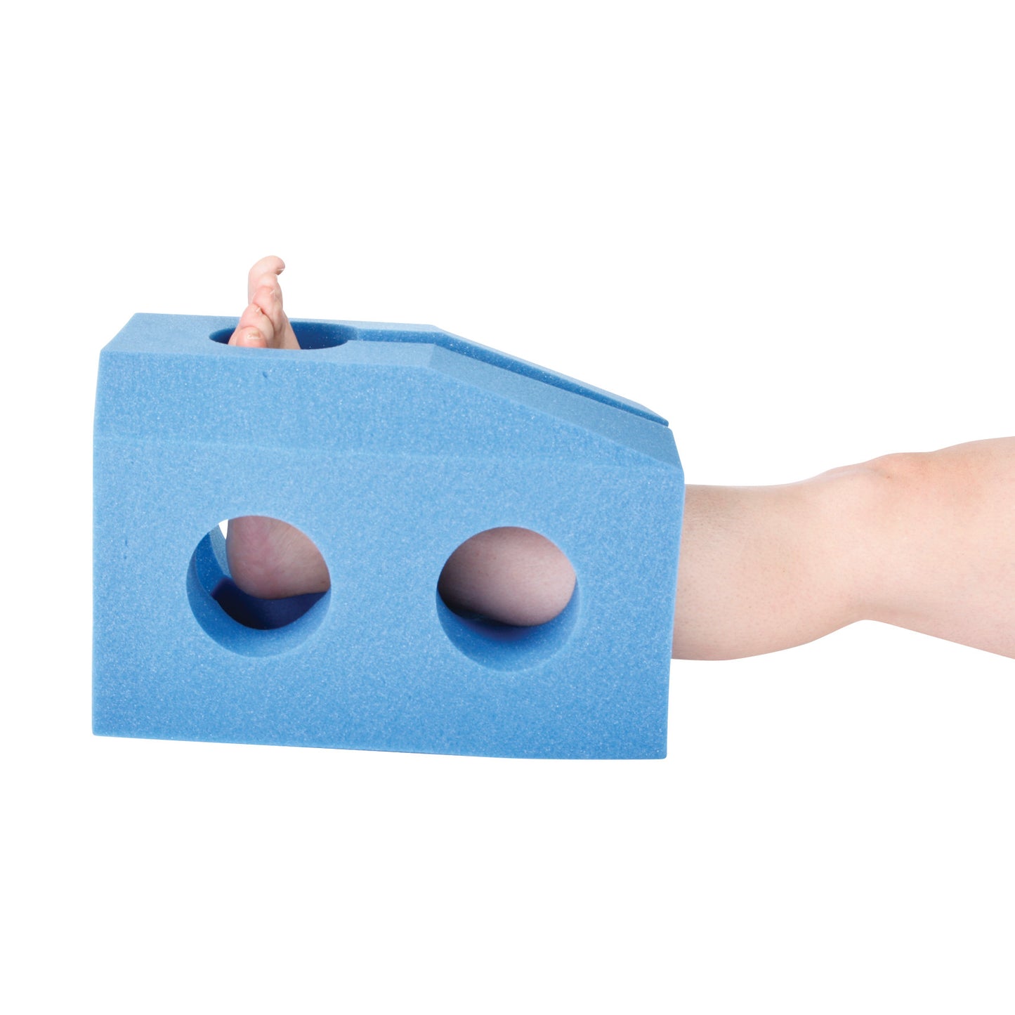 A person's arm rests on an AliMed Foot Stabilizer, a blue foam support with cut-out circles, designed for foot stabilization.
