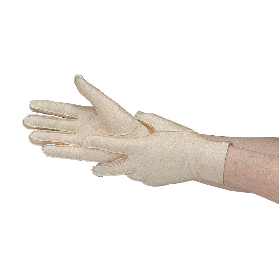 A person wears a Full-Finger Wrist-Length Gentle Compression Glove in cream color, showing its fit and texture.