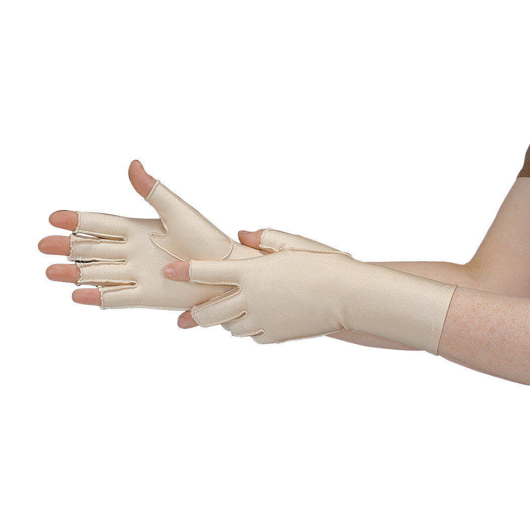 A person wears a "3/4-Finger Wrist-Length Gentle Compression Glove" in beige, with open fingertips, adjusting it on their hand.