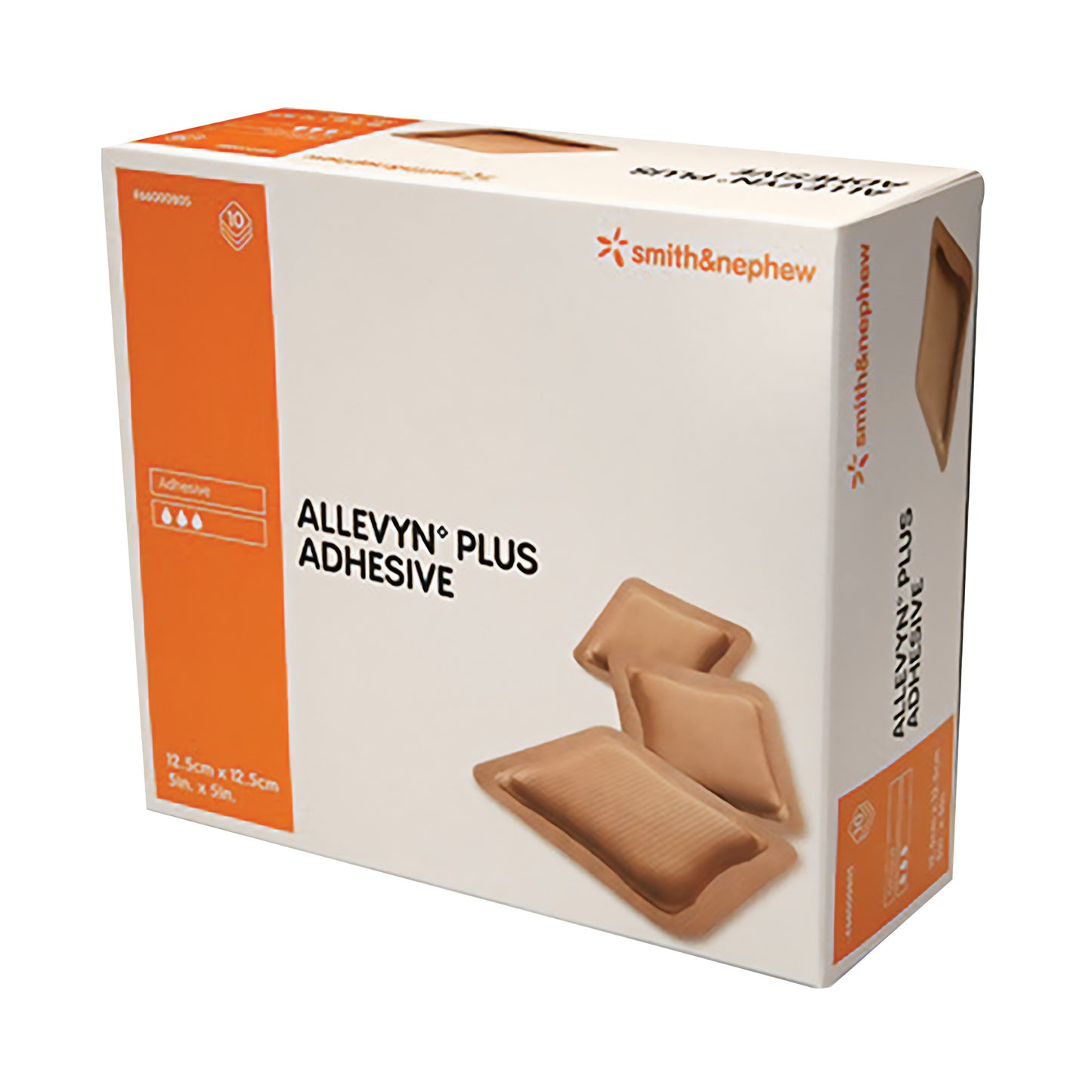 Box of Smith & Nephew Allevyn Adhesive Hydrocellular Dressing, 12.5cm x 12.5cm, with images of the product on the front.
