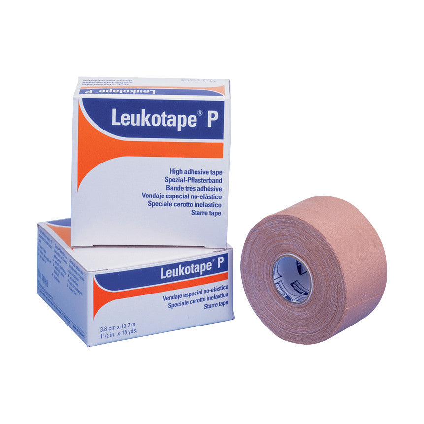 BSN Leukotape P Patellofemoral Tape shown with two boxes and an unrolled tape roll, used for high adherence and strapping support.