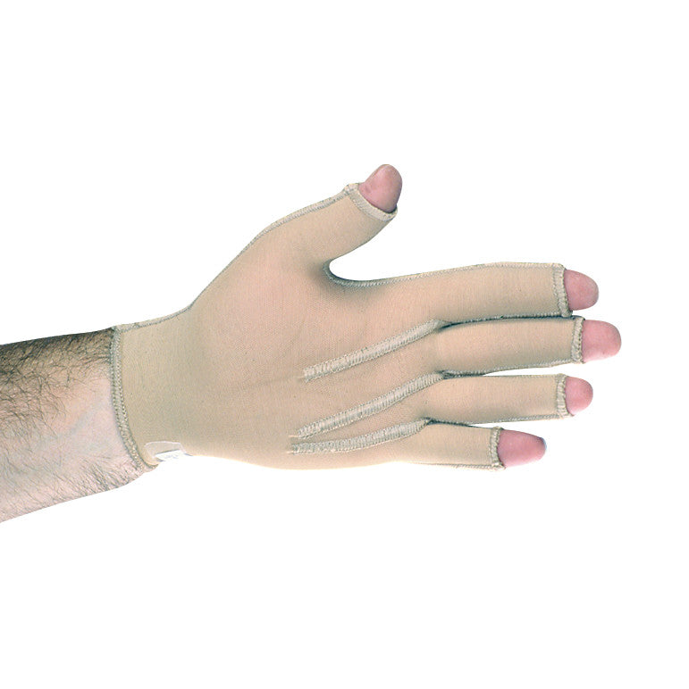 A hand wearing a Bio-Form Pressure Glove, which is beige and covers the wrist, palm, and fingers partially, with open fingertips.