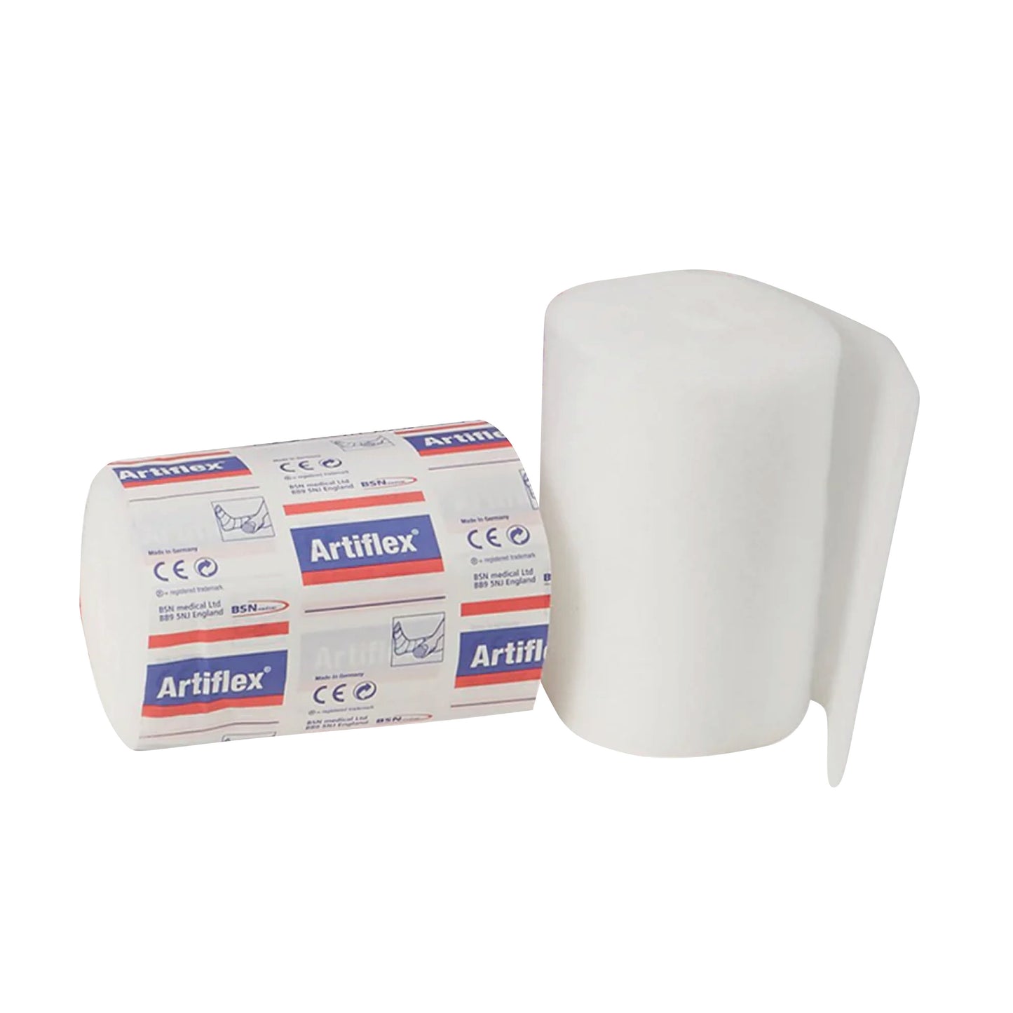Two BSN Artiflex Non-Woven Bandages are shown, one wrapped and labeled, the other unwrapped, displaying a soft texture.