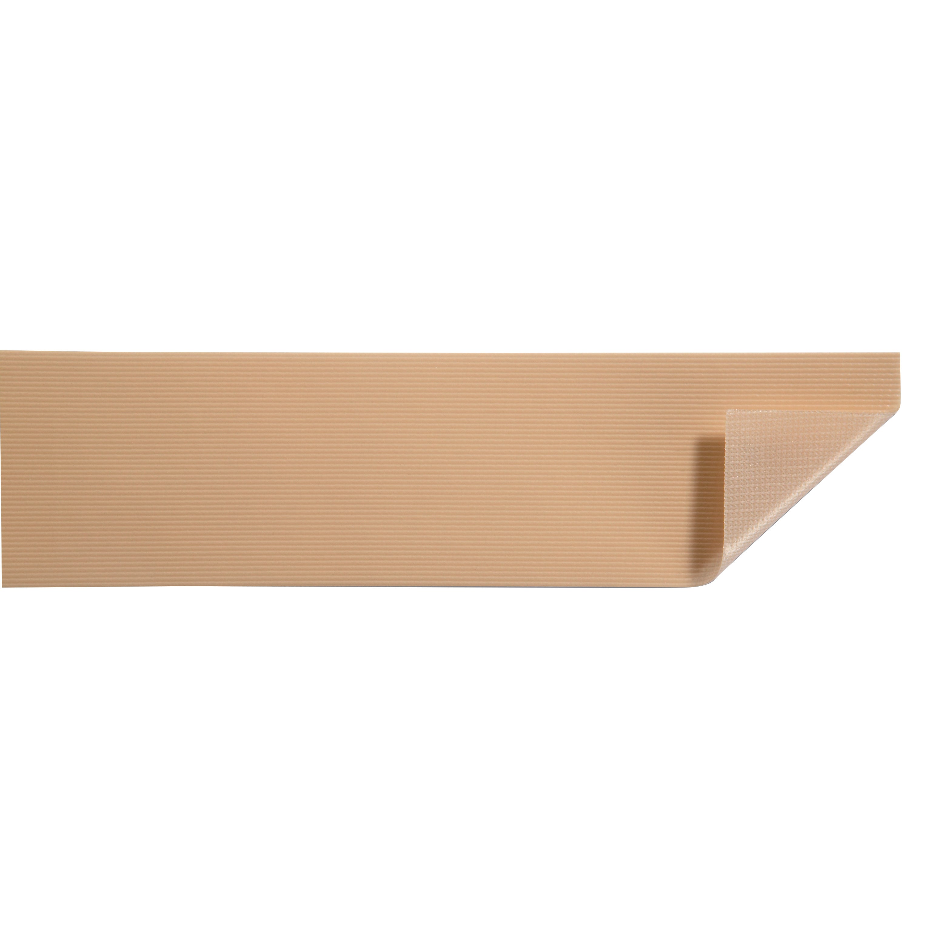 Flat view of Molnlycke Mepitac Tape showing its tan, textured surface with a corner slightly lifted.