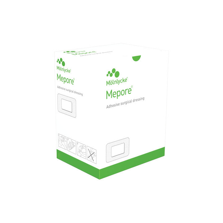 Box of Molnlycke Mepore Dressing, an adhesive surgical dressing, with green and white packaging, displaying product information and icons.