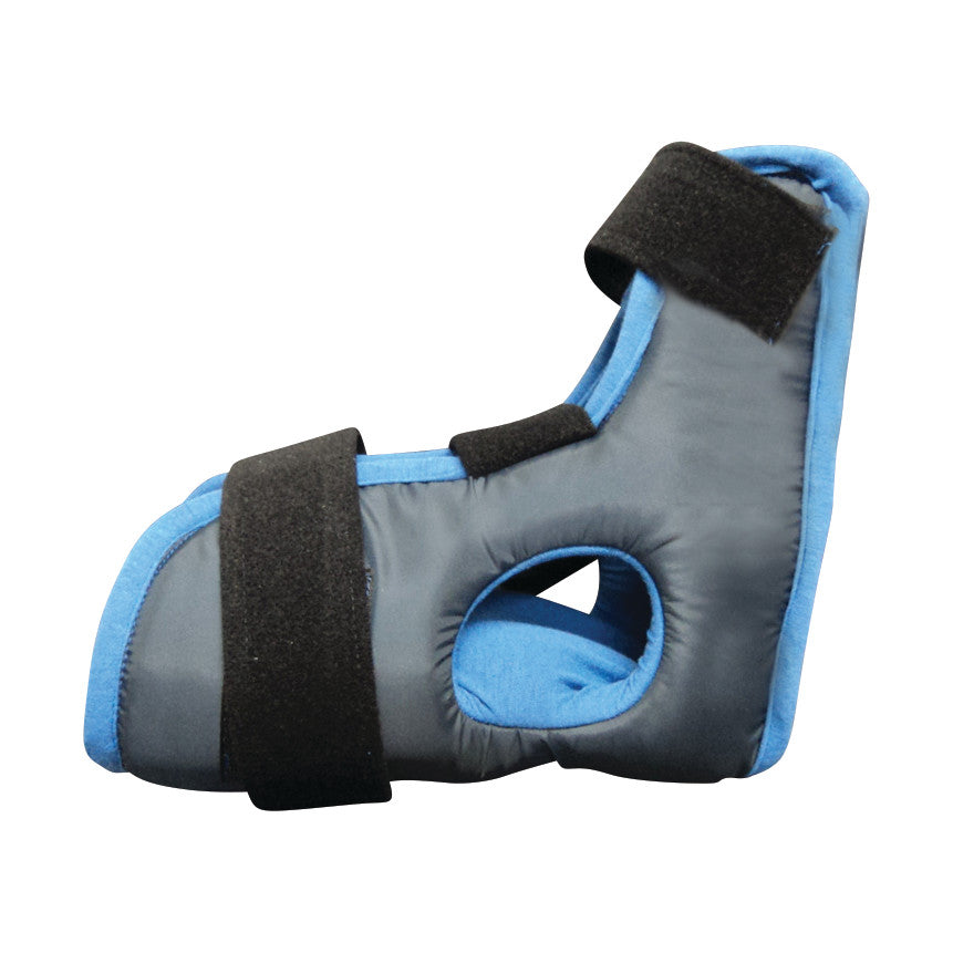 A Ventopedic Heel and Ankle Offloading Boot in gray and blue with black straps and a circular side opening.