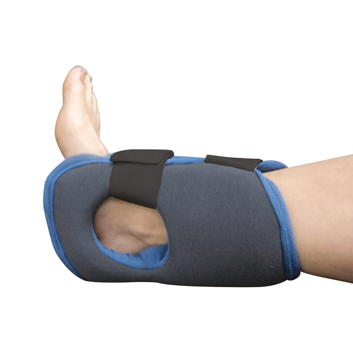 A foot wearing a Ventopedic Heel and Ankle Protector, a gray and blue padded brace with straps, supporting the ankle.