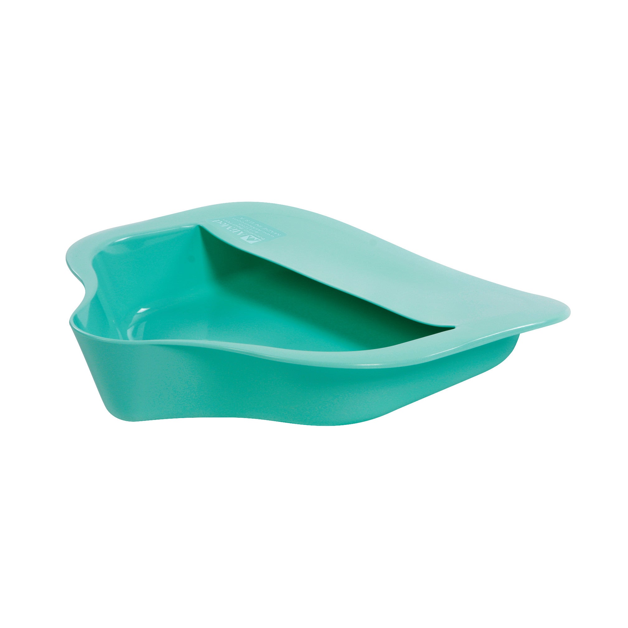 The AliMed Bariatric Bed Pan with Anti-Splash is a teal, contoured plastic bedpan with a wide rim designed to prevent spills.