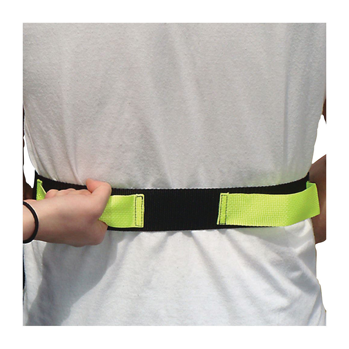 A person wears the SafetySure Economy Gait Belt with Handle Grip, which is black with neon yellow accents, around their waist.