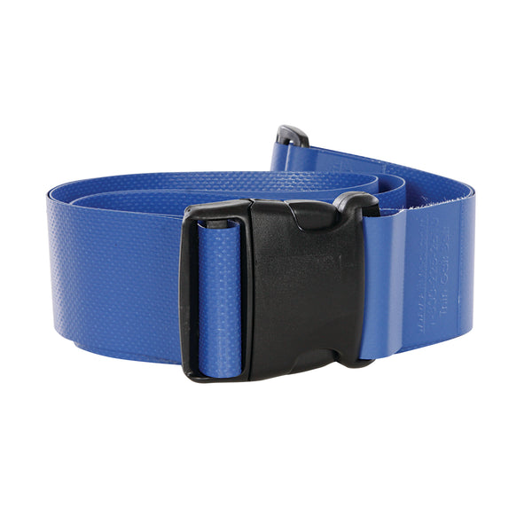 A blue AliMed Thin Wipeable Gait Belt with a black plastic buckle, designed for medical or mobility assistance.