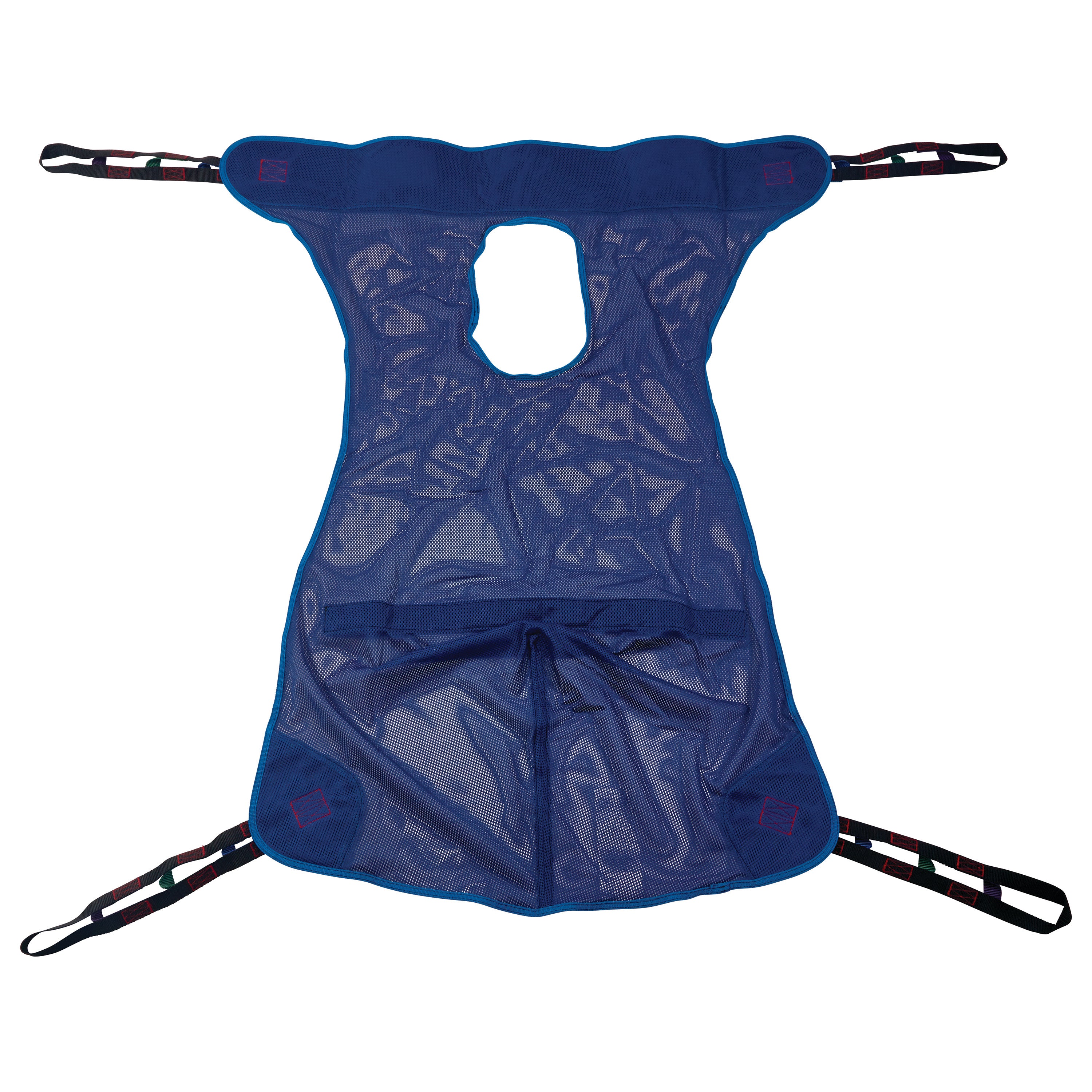 Invacare Full Body Patient Sling with Commode Opening, blue mesh with four black straps featuring multicolored loops for attachment.