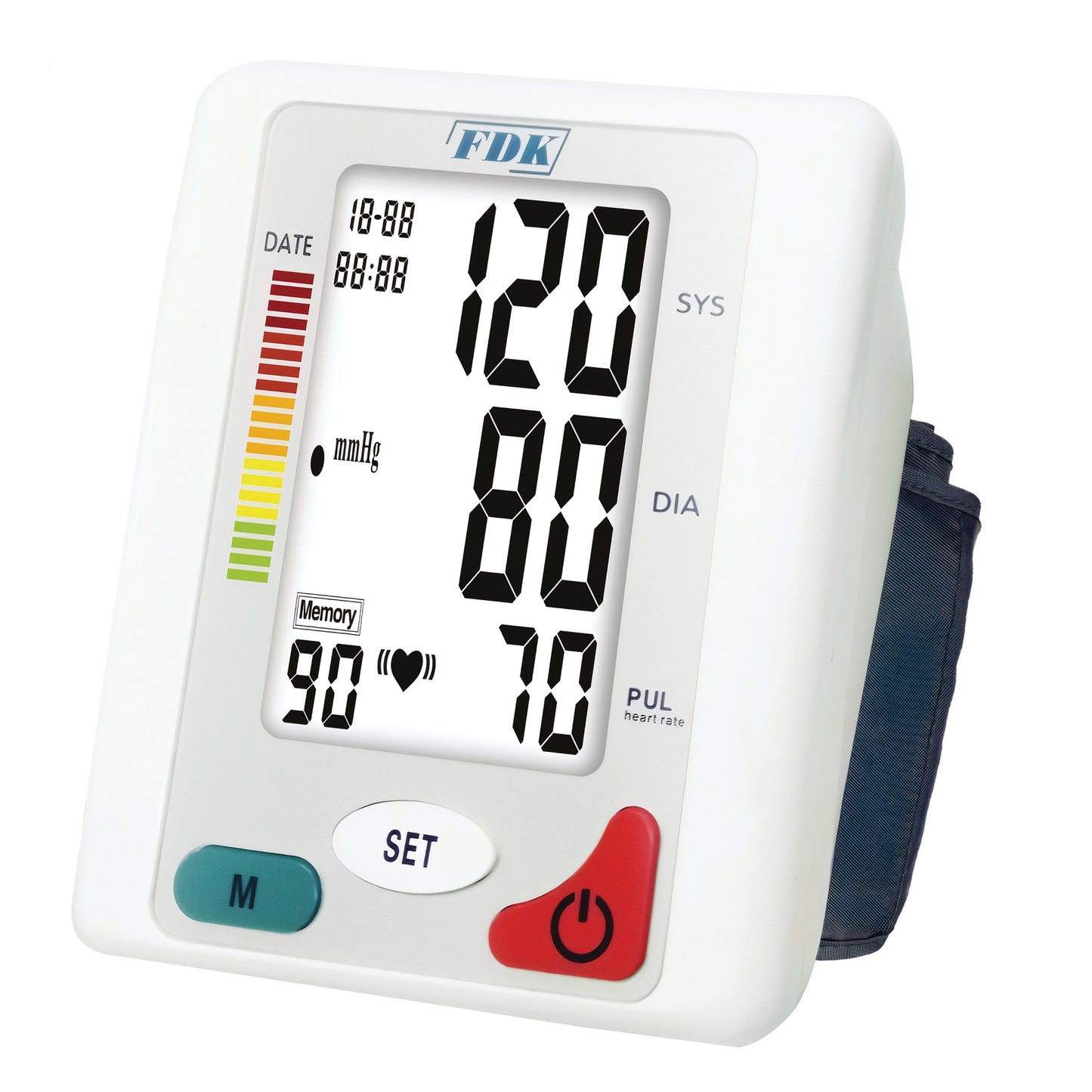 The FDK Digital Talking Arm Cuff Blood Pressure Monitor displays readings of 120/80 mmHg and a pulse rate of 70 on its screen.