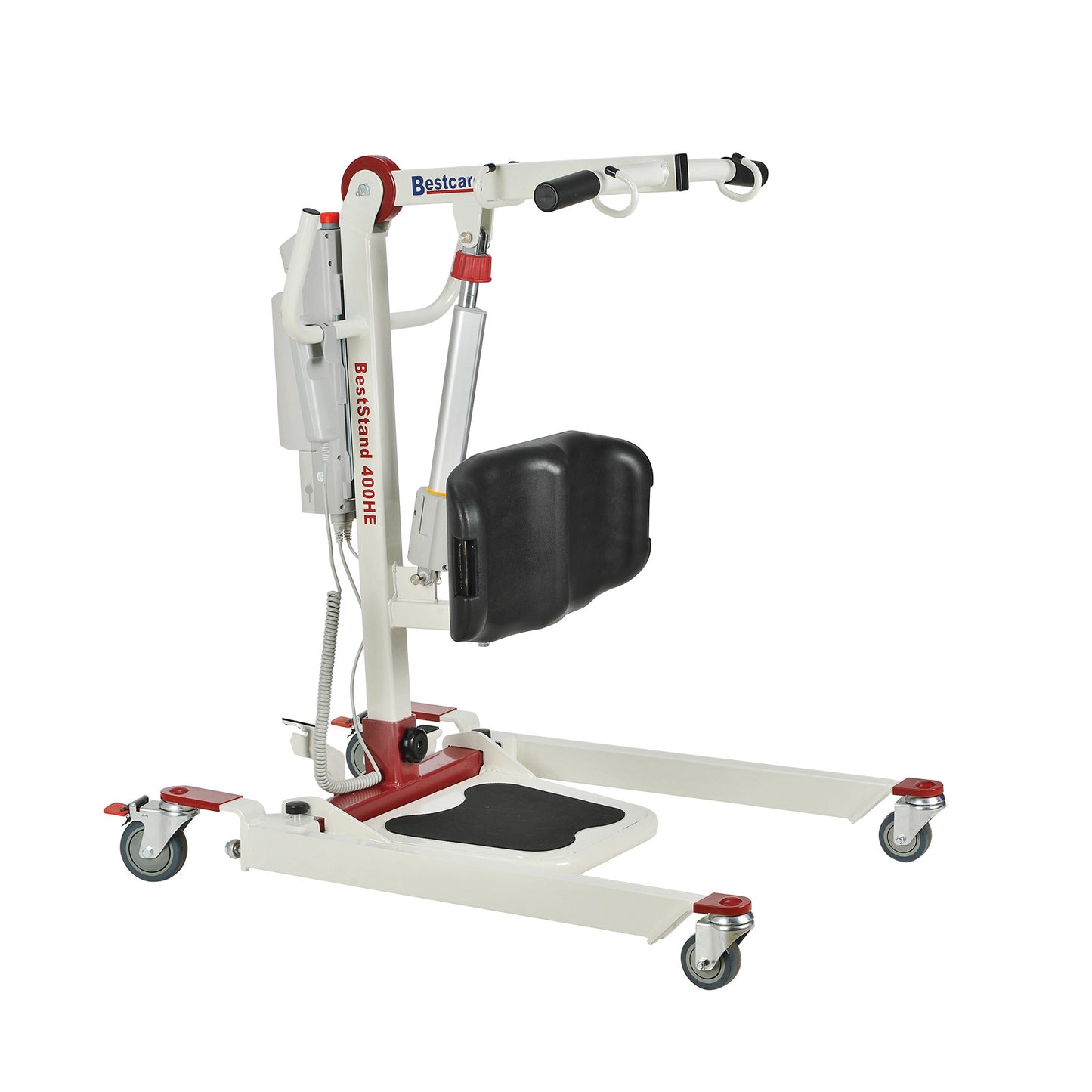 The Bestcare BestStand SA400HE Sit-To-Stand Electric Patient Lift is shown. It has a white frame, black knee pad, and wheels.
