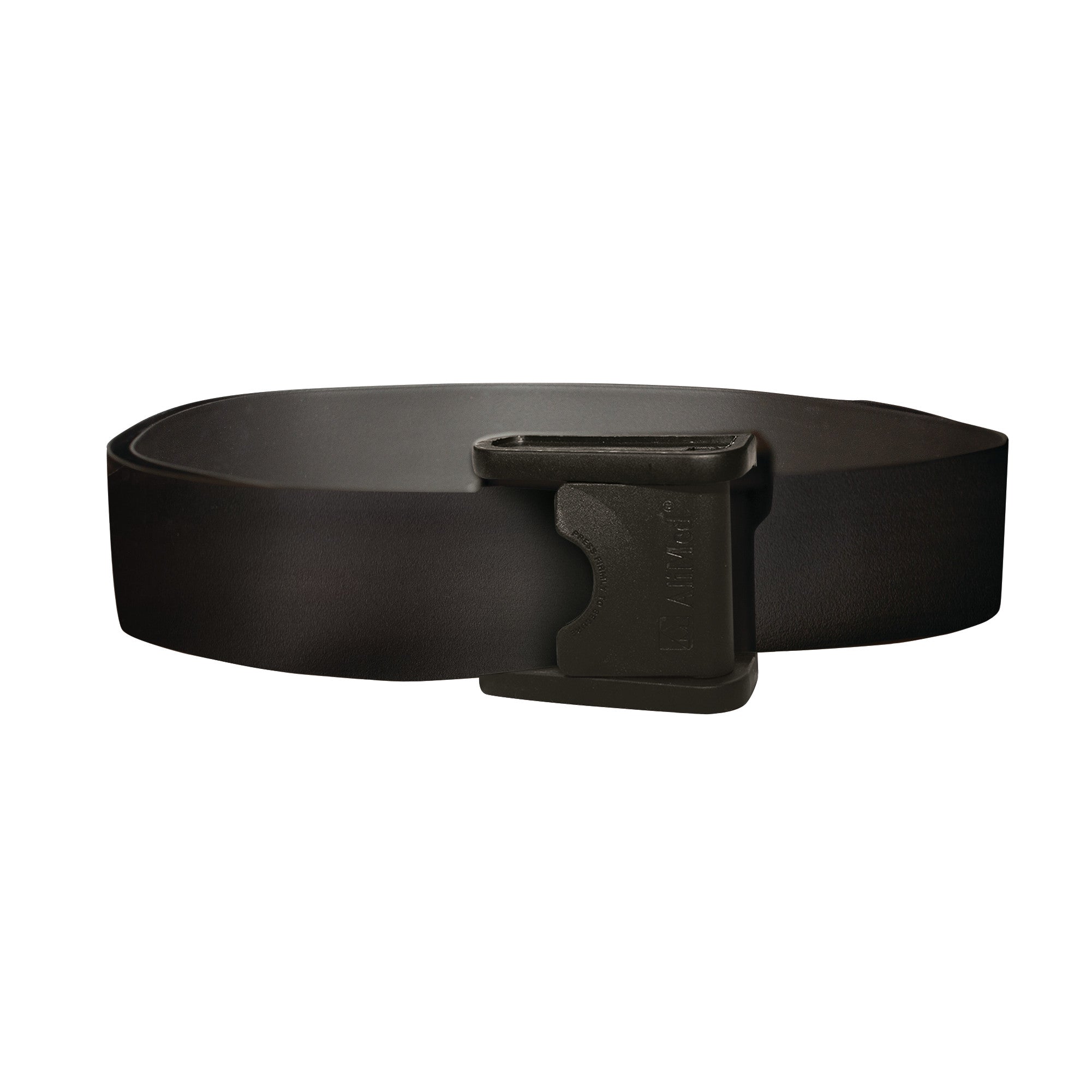 Black AliMed Antimicrobial Wipeable Gait Belt with CAM-Style Buckle, shown coiled with the buckle facing forward.