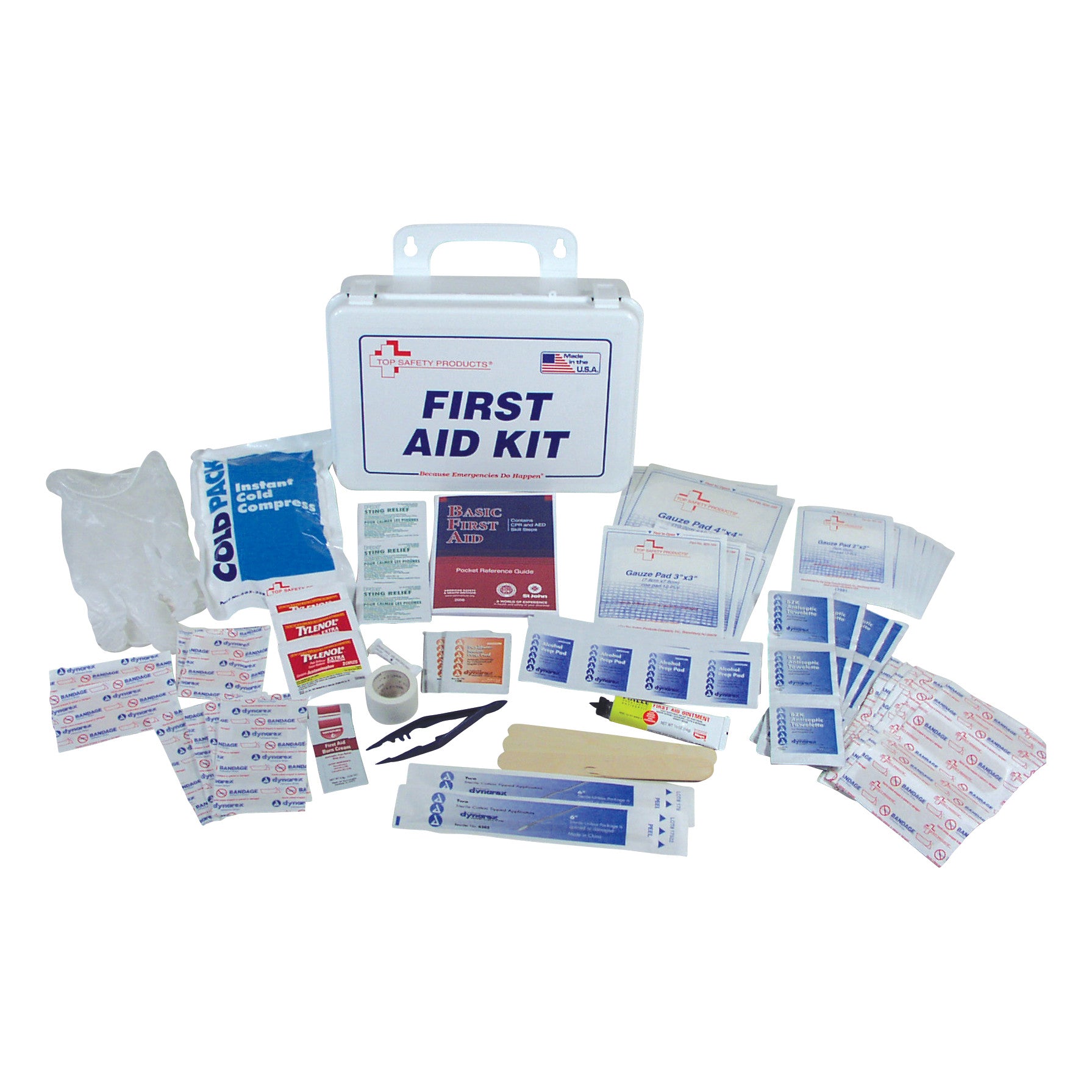 A 10-Person General Use First Aid Kit with bandages, gauze, gloves, cold pack, tweezers, ointments, and instruction manual.