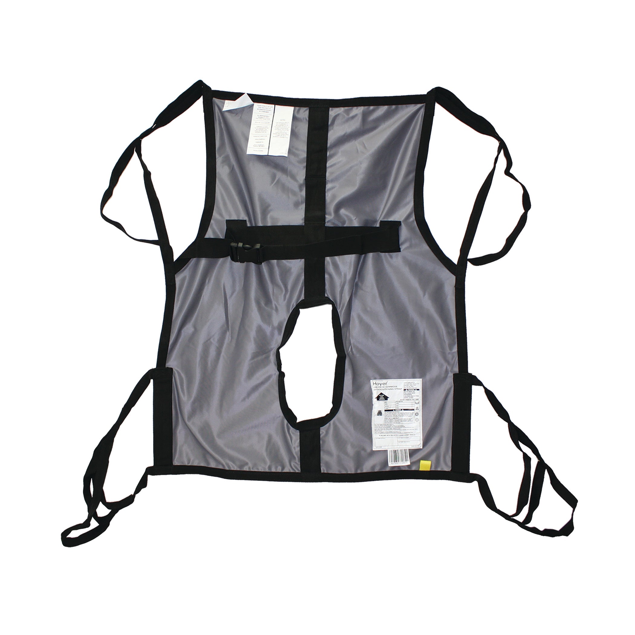 The Hoyer Classic One-Piece Commode Sling is a gray fabric sling with black straps and a central opening for patient lifting support.