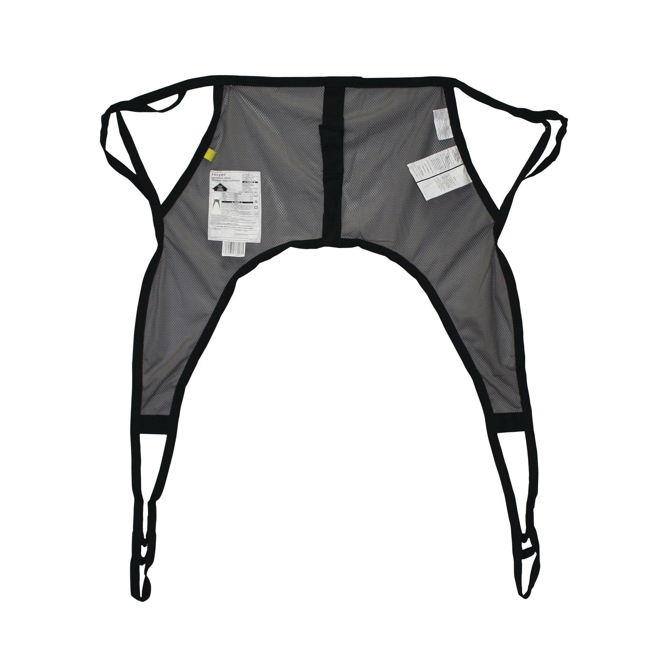 Hoyer Classic Mesh U-Sling designed for patient lifting, featuring black straps and label tags on gray mesh fabric.