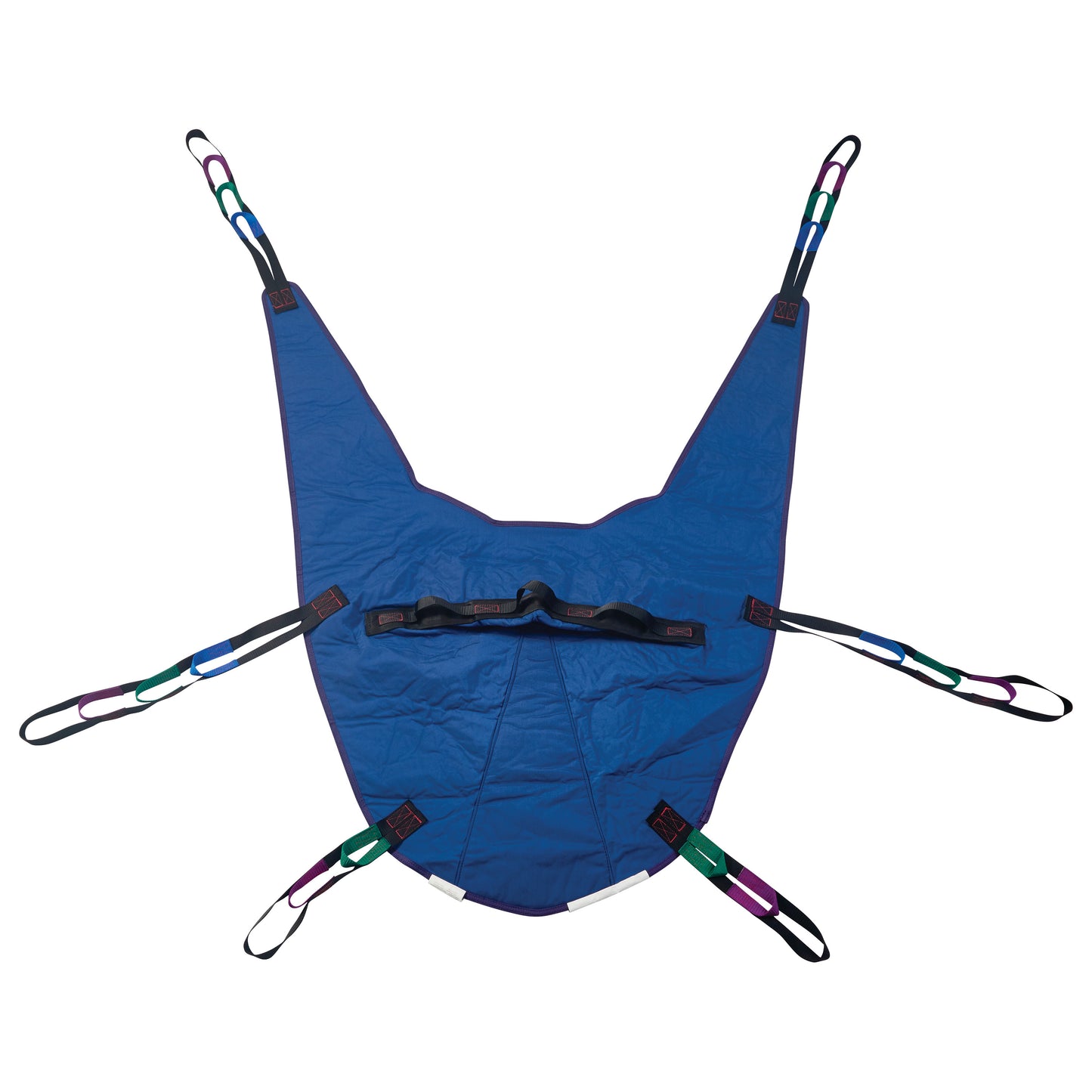 The Invacare Divided Leg Patient Sling is a blue fabric sling with multi-colored straps on each end for use with patient lifts.