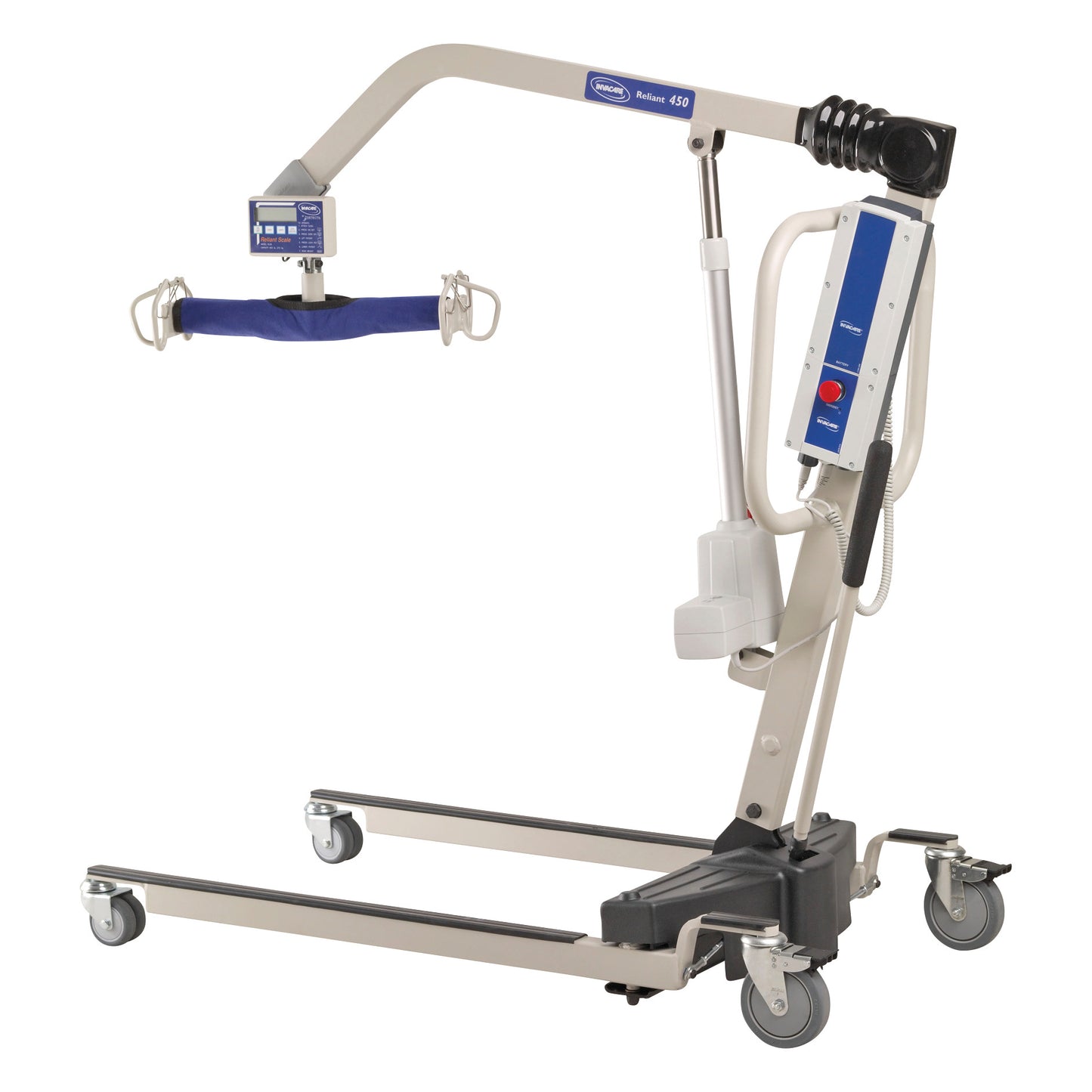 Invacare Reliant 450 Electric Patient Lift with a detachable sling and adjustable arm, designed to assist in safely lifting patients.