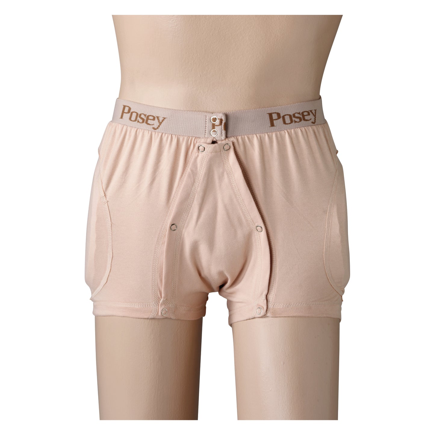 A beige Posey Hipsters Incontinence Brief on a mannequin, featuring a secure waistband and buttoned design for easy access.