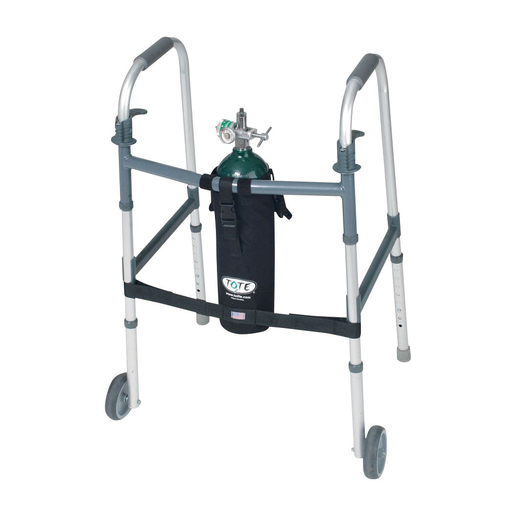 A walker with a TO2TE Oxygen Bag attached, holding an oxygen tank. The walker has two wheels and adjustable legs.