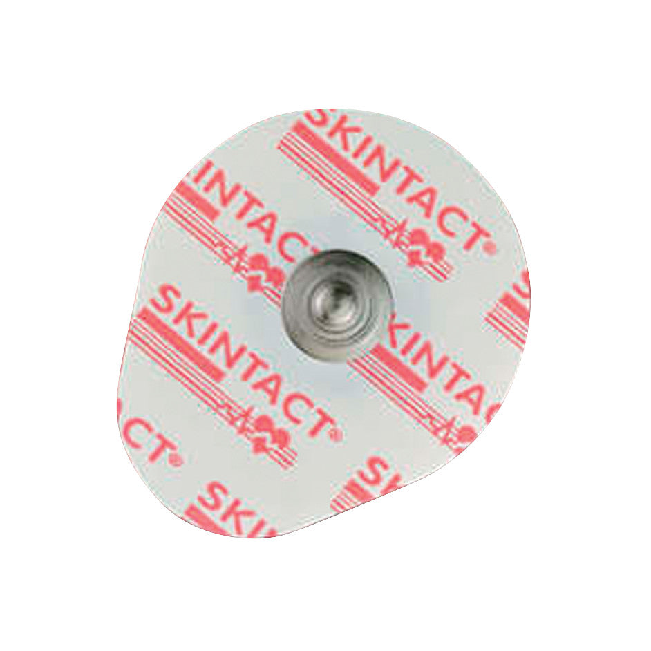 Skintact Electrode with white oval shape and metal connector, featuring red text and ECG graphics on the surface.