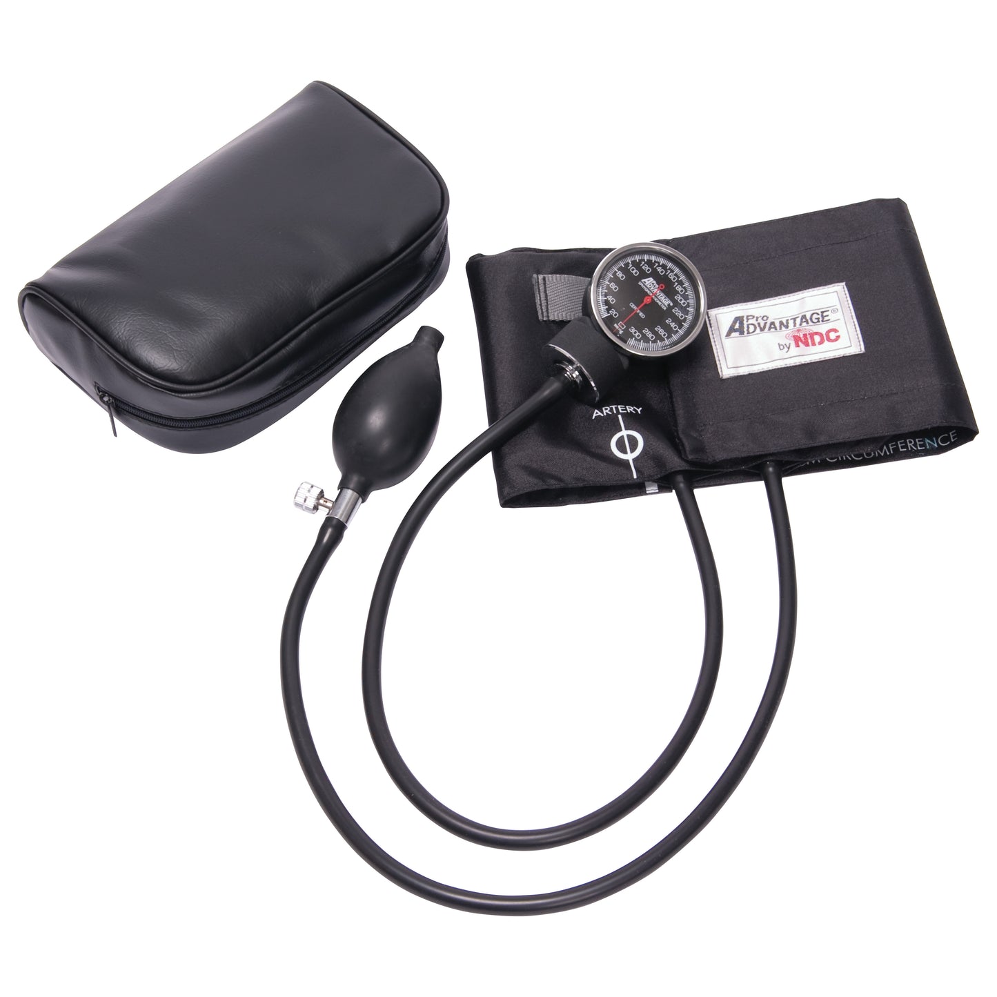 Deluxe Hand-Held Sphygmomanometer with a black inflatable cuff, gauge, and bulb is placed next to a black carrying case.