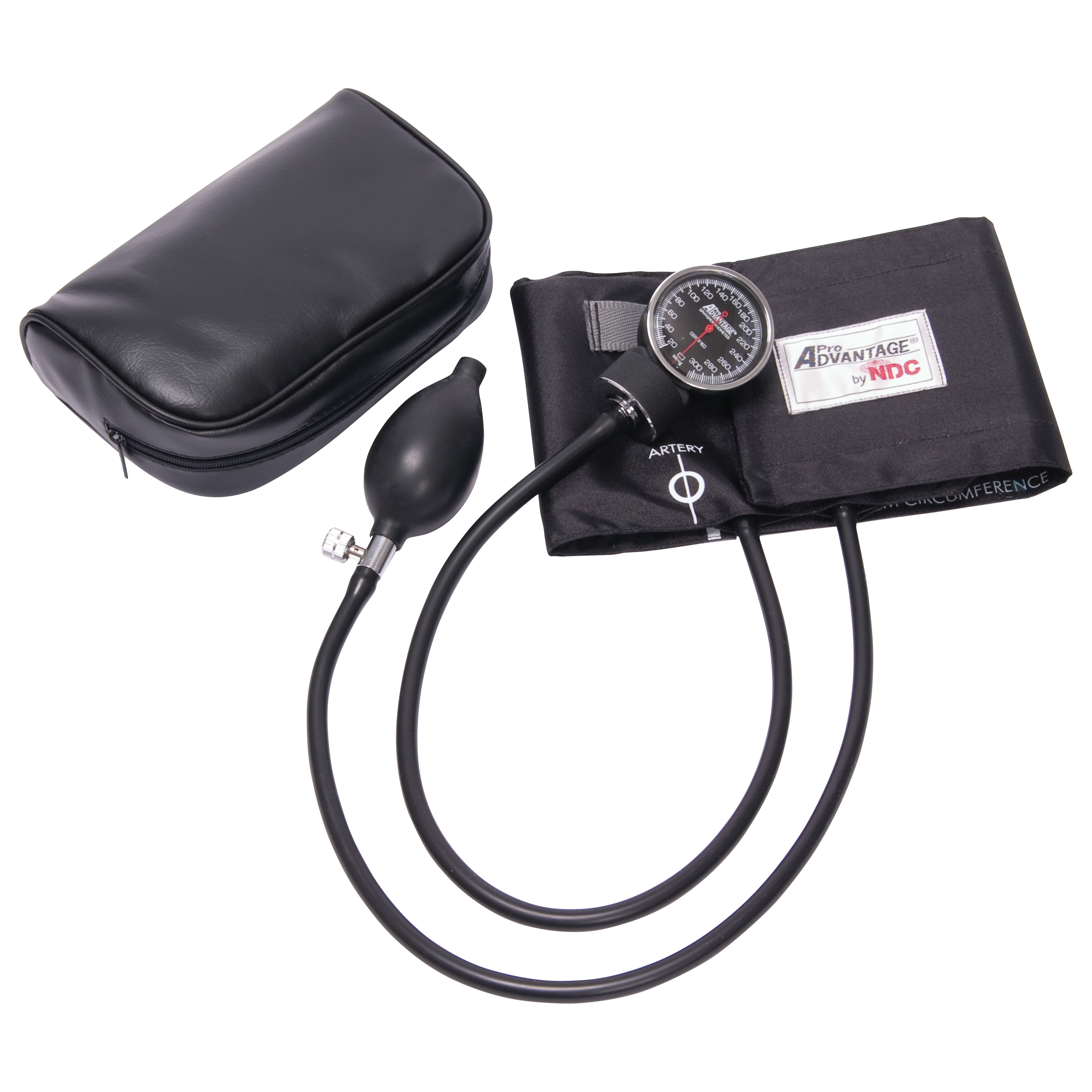 A Deluxe Hand-Held Sphygmomanometer with a black cuff, inflation bulb, pressure gauge, and a zippered carrying case is shown.