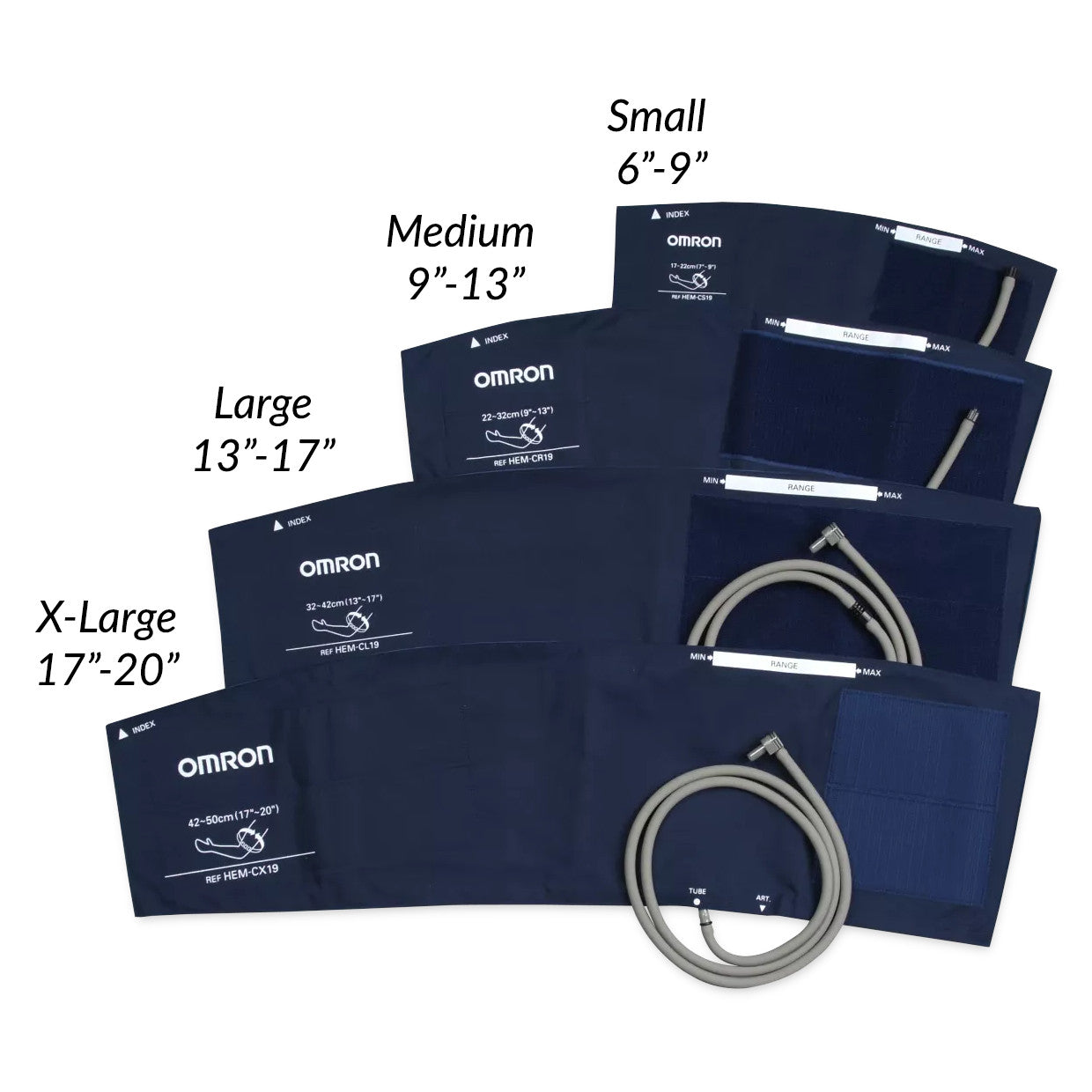 Various sizes of "Replacement Cuff/Bladder Set for Omron Professional Intellisense Blood Pressure Monitor HEM-907XL" are shown.