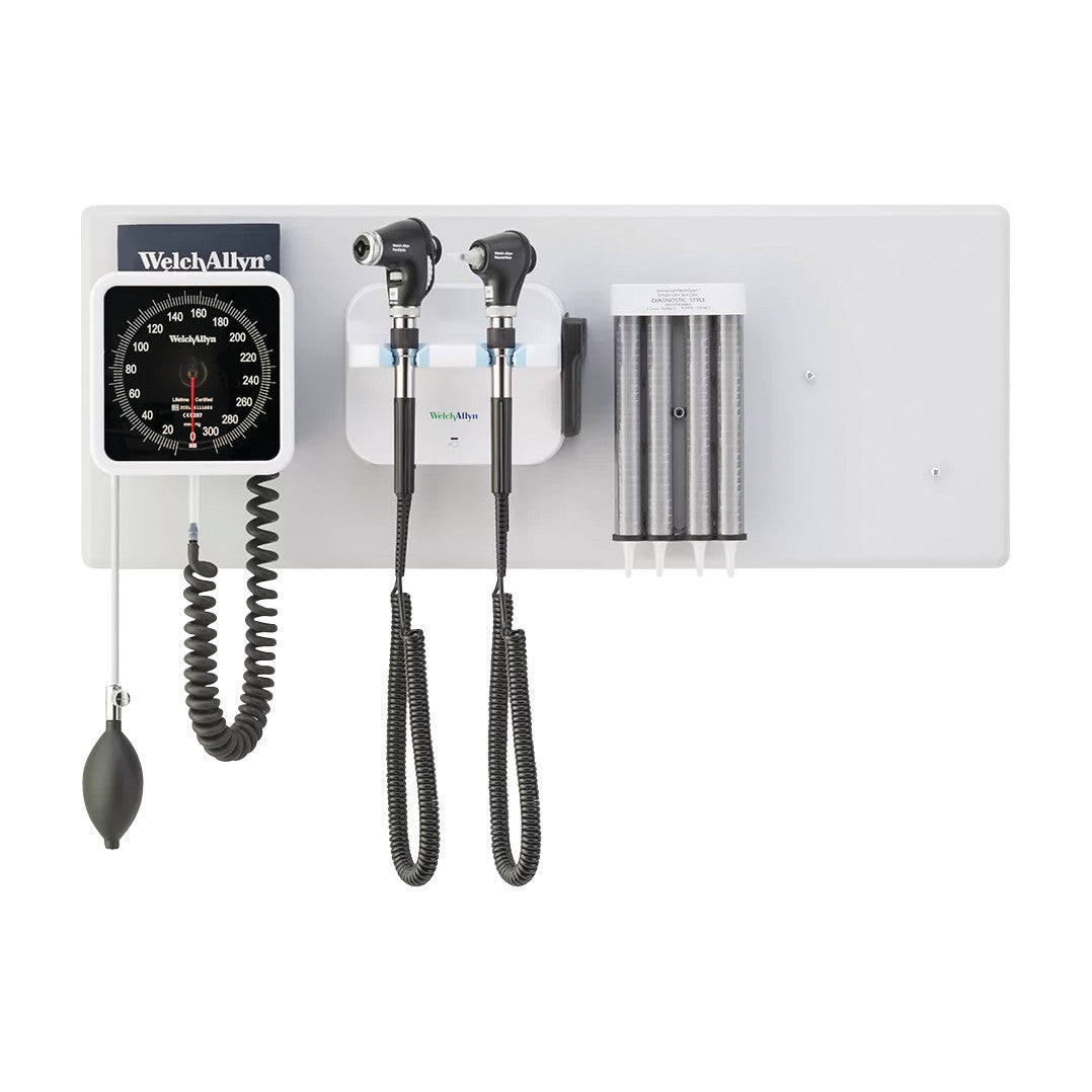 Welch Allyn 777 Integrated Wall Diagnostic System with a blood pressure monitor, otoscope, ophthalmoscope, and speculum dispenser.