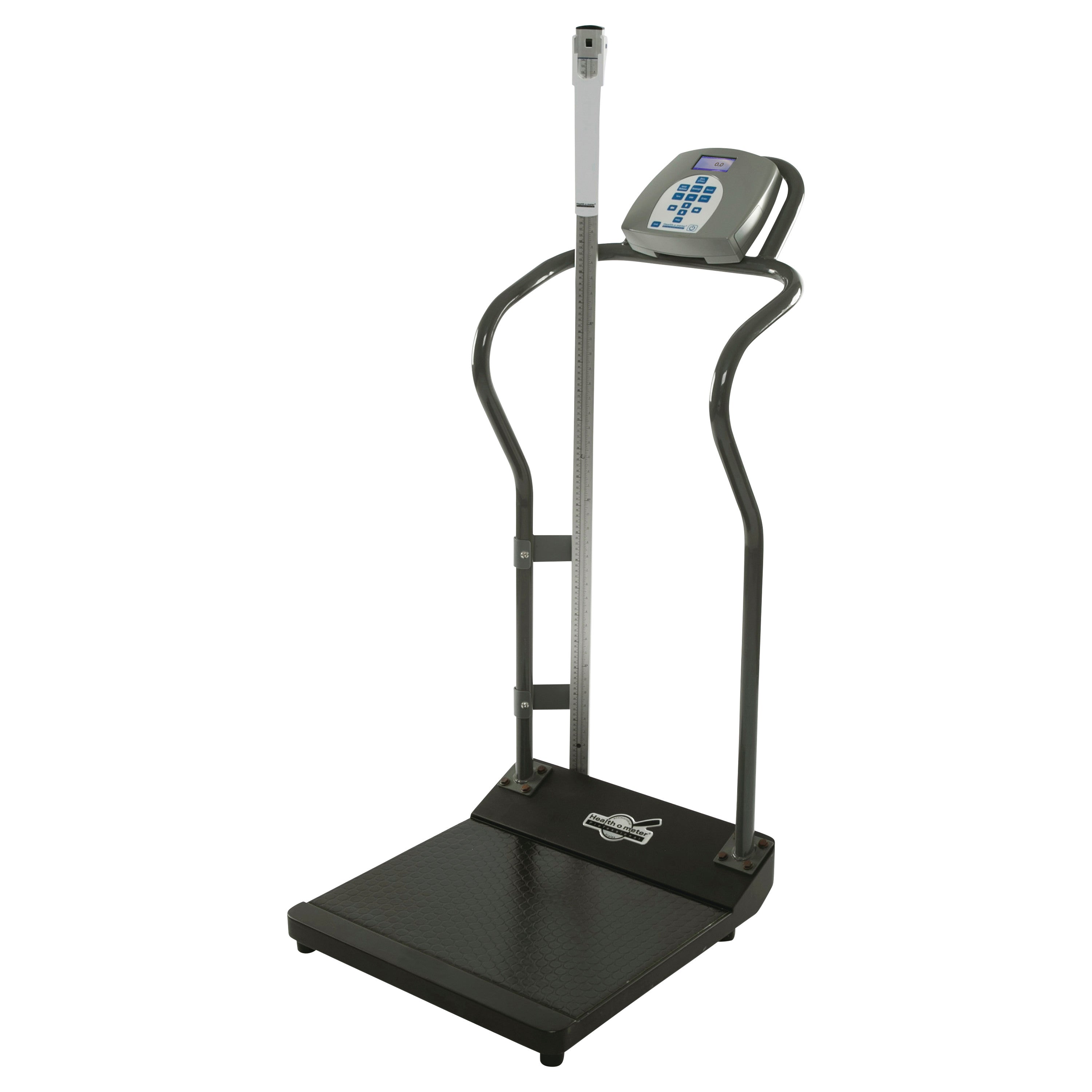 The Height Rod for Digital Platform Scale features a digital display, a height rod, and sturdy handrails for support.