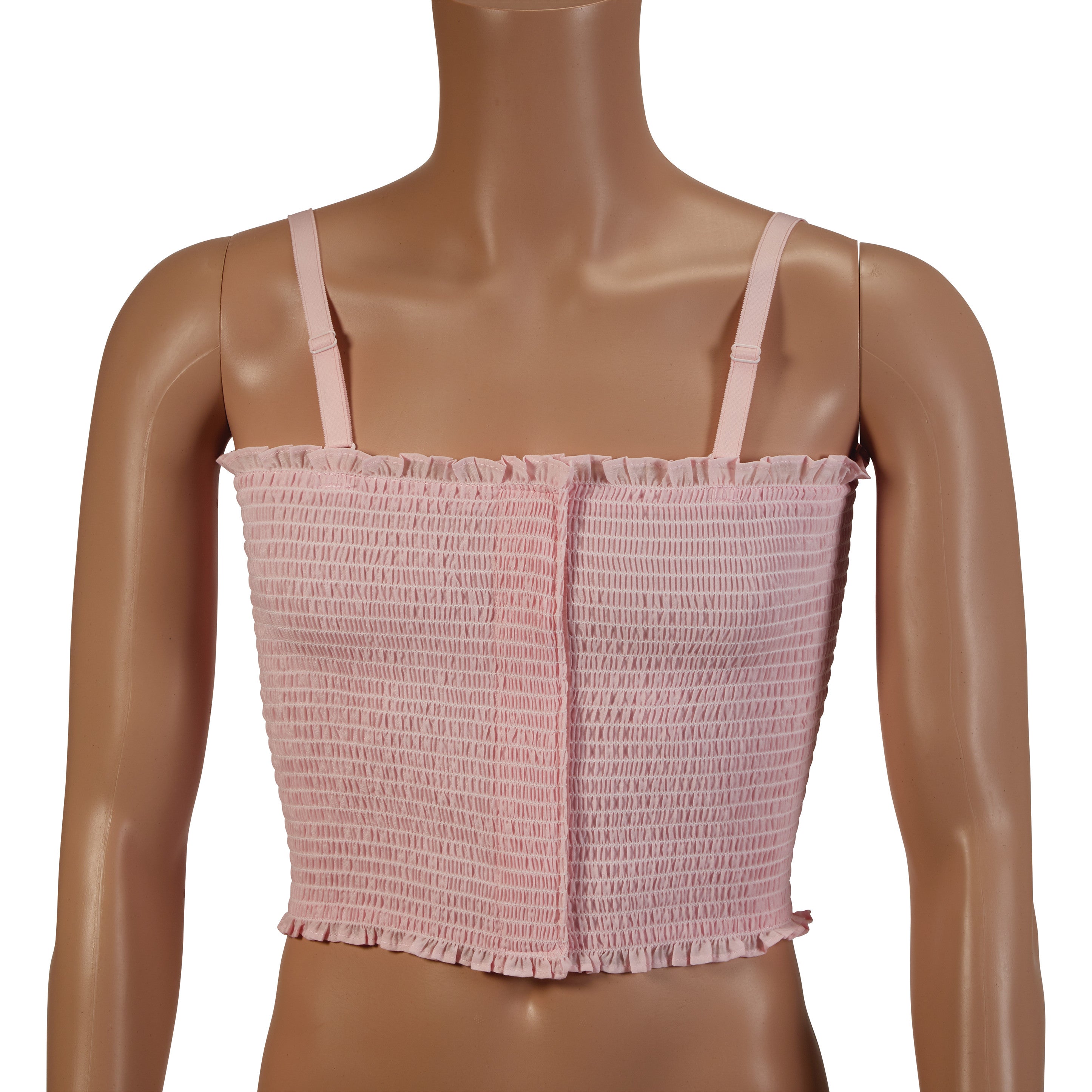 A mannequin wearing an Expand-A-Band Lined Breast Binder, featuring a pink, shirred design with adjustable shoulder straps.