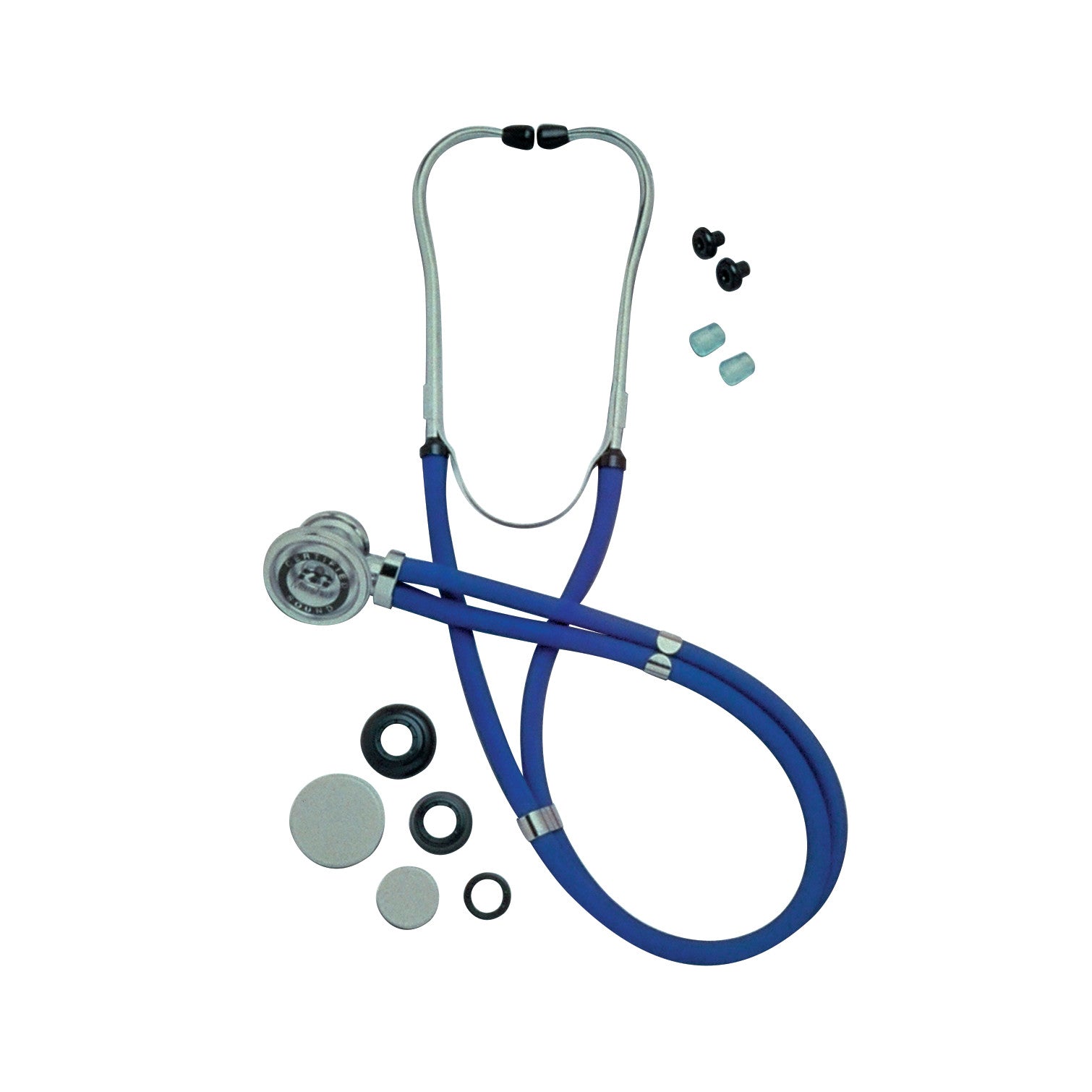 ADC Adscope 641 Sprague Stethoscope with blue tubing and multiple black and gray accessories shown around it.