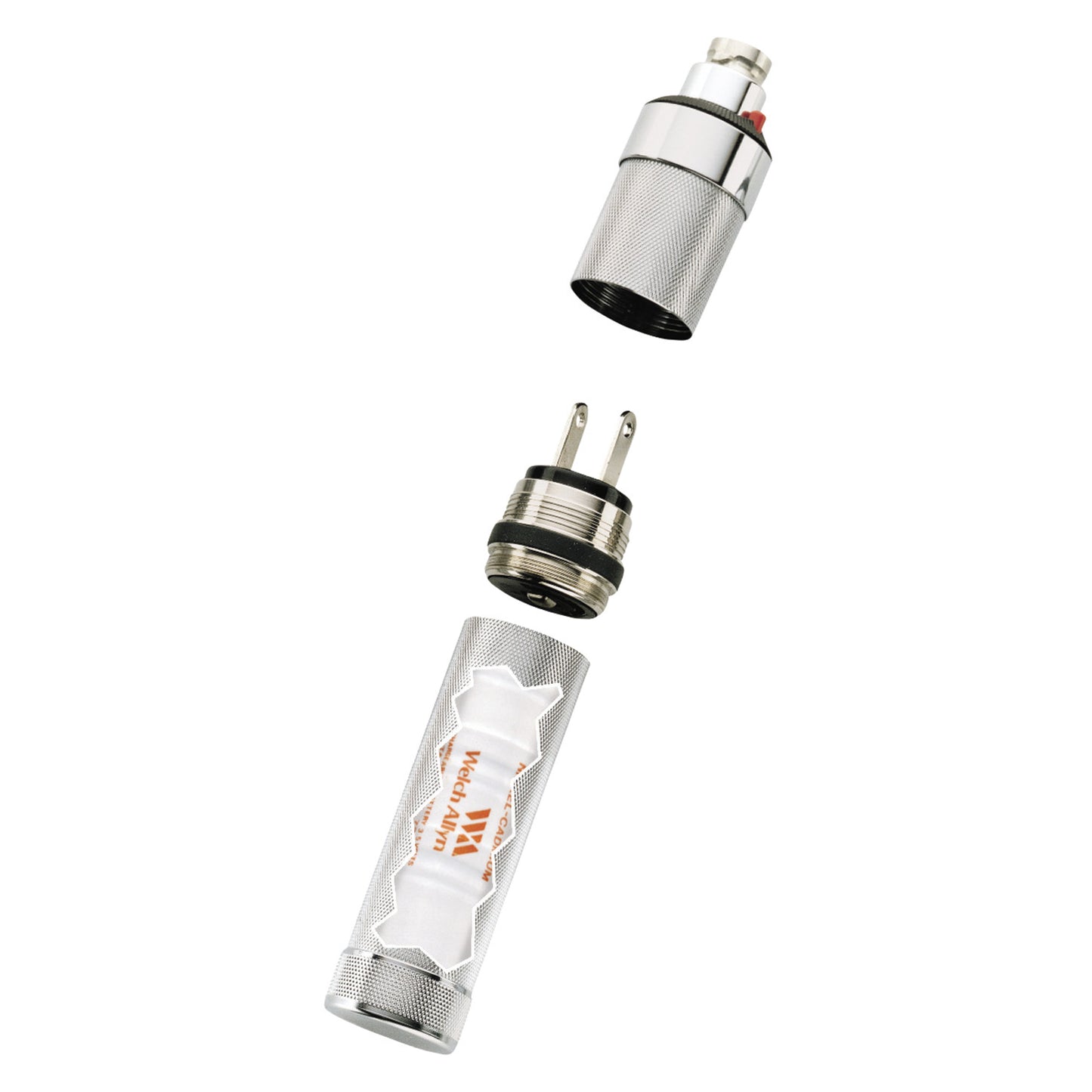 Two Rechargeable Handles for Welch Allyn 3.5V Otoscope Head, shown disassembled with visible battery compartments and plug prongs.