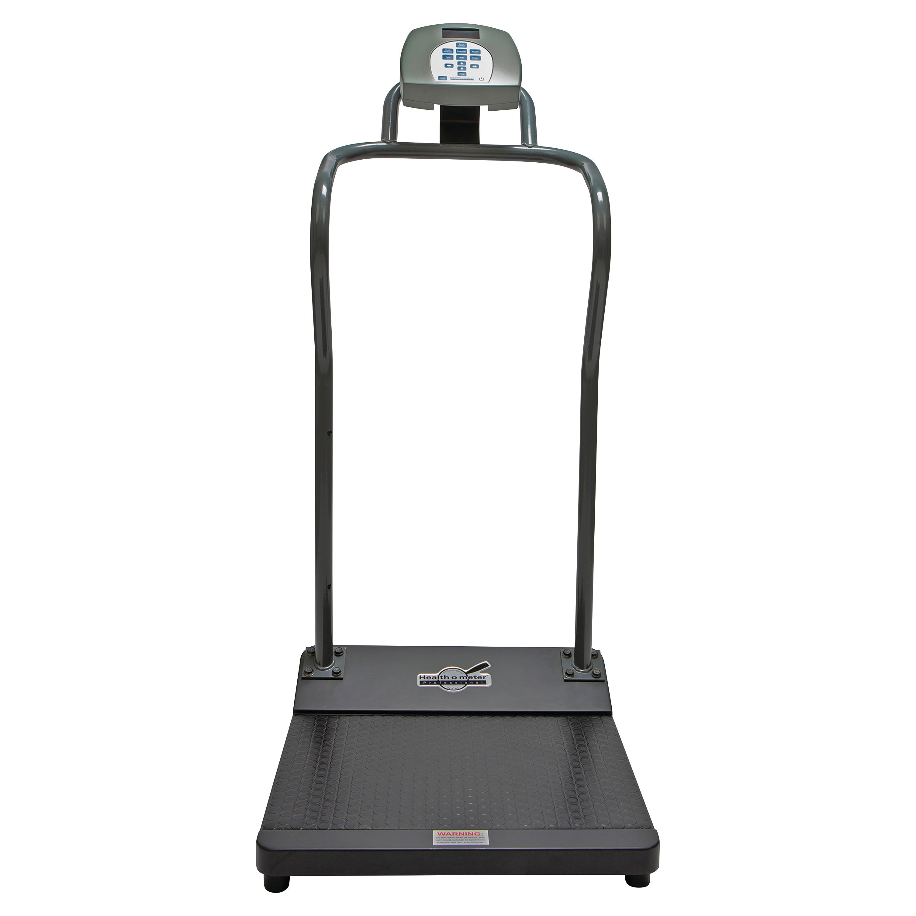 Health o meter Digital Platform Scale with Height Rod, featuring a wide base and tall digital display with control buttons.