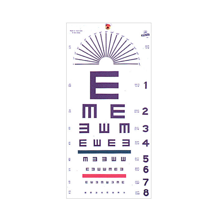 The Illiterate/Tumbling E Hanging Eye Chart features rows of the letter "E" in various orientations for eye exams, with numbers 1 to 8.