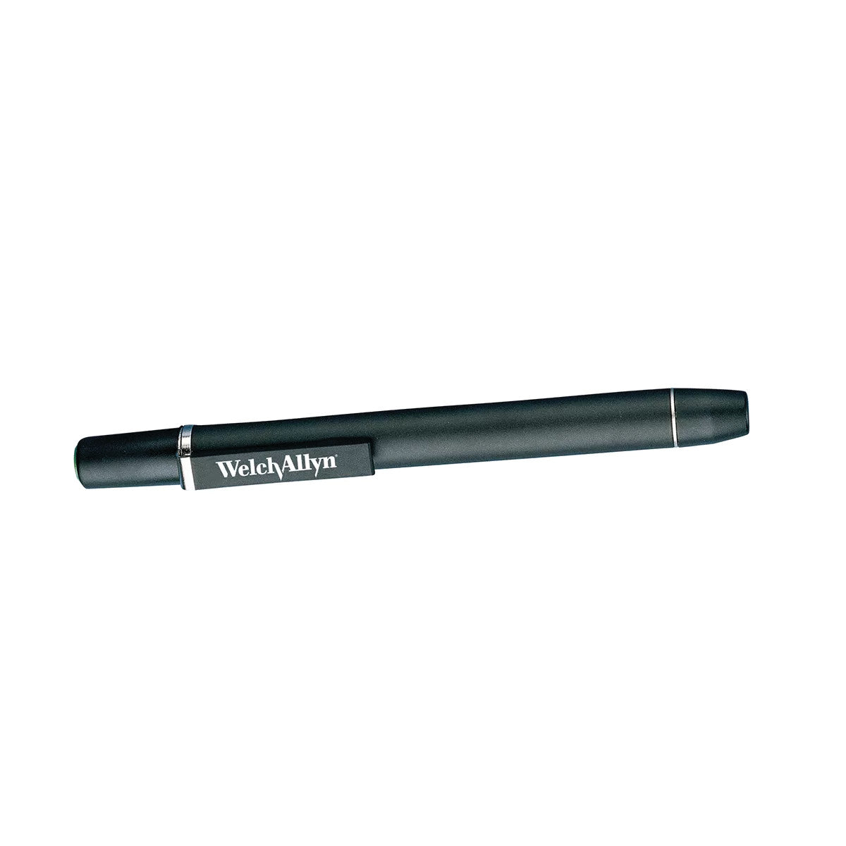 Welch Allyn Halogen Penlight featuring a sleek black design with the brand logo on the clip, lying against a white background.