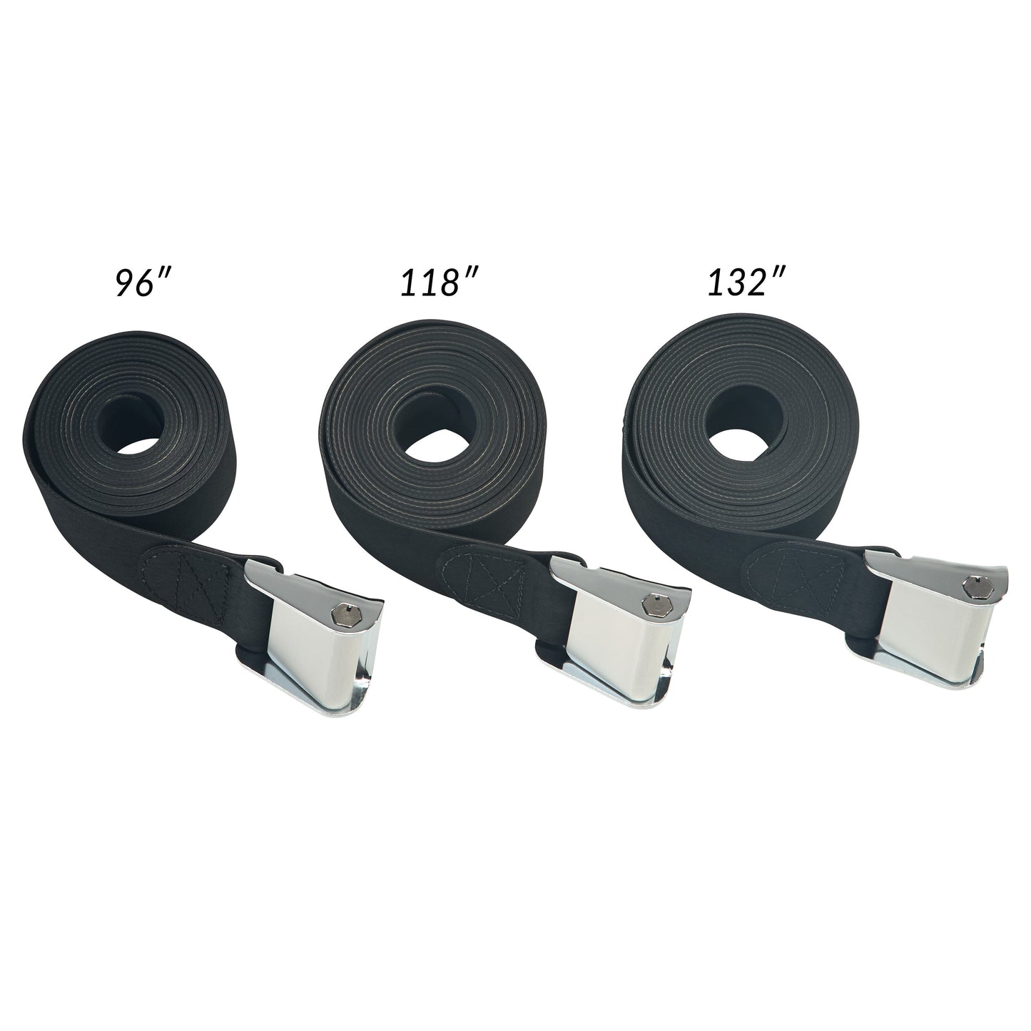 Three AliMed Economy Straps are shown, each with a metal buckle, in lengths of 96", 118", and 132".