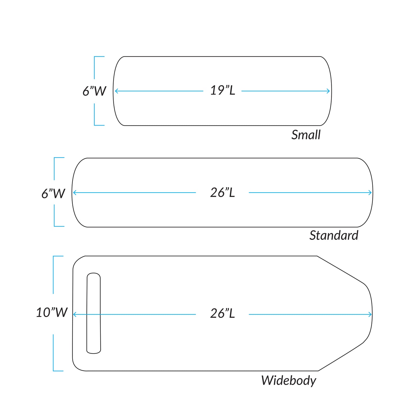 Diagram of three AliMed Height-Adjustable Rhino Board Armboards labeled small (19\"x6\"), standard (26\"x6\"), and widebody (26\"x10\") with strap cutout.
