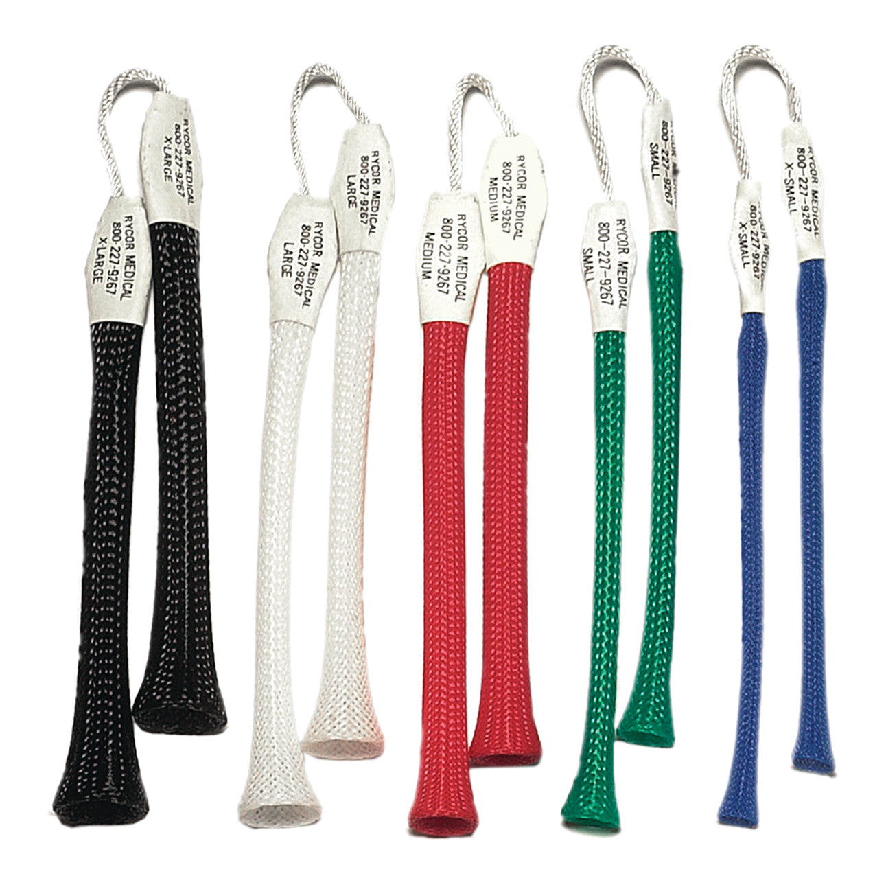 A set of AliMed Autoclavable Soft Touch Double Finger Traps in black, white, red, green, and blue, each with a woven texture.