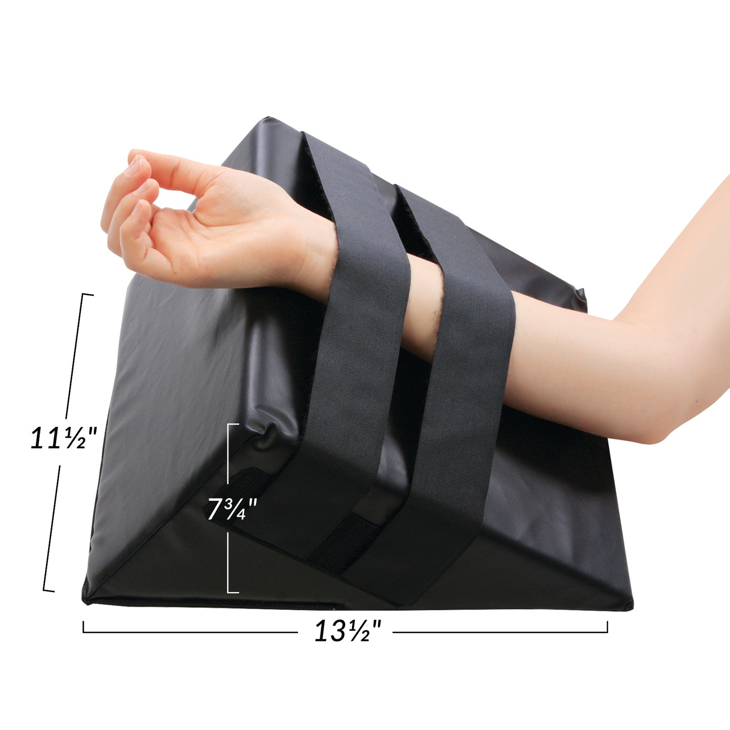An arm rests on the AliMed Hand and Limb Prepper with 13.5\"x11.5\"x7.75\" dimensions, secured by two wide black straps.