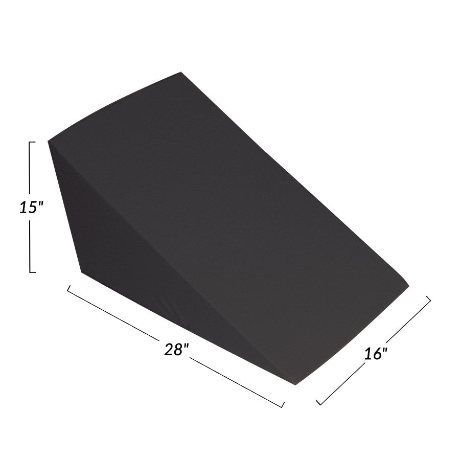 The AliMed Vinyl-Covered 28 Degree Large Wedge Positioner is a black foam wedge with dimensions 15" x 28" x 16".