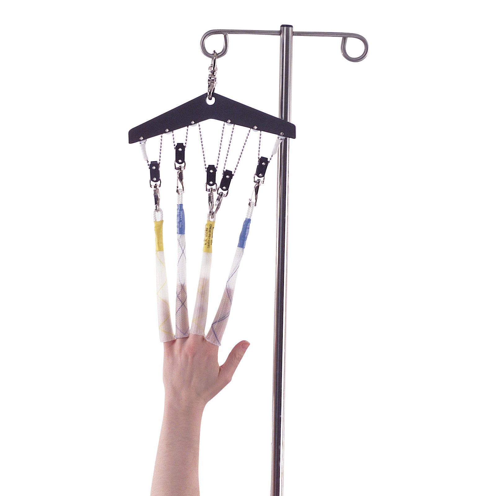 A hand is supported in Allen Equalizer finger traps, suspended from a metal IV pole, using clips and straps for stabilization.